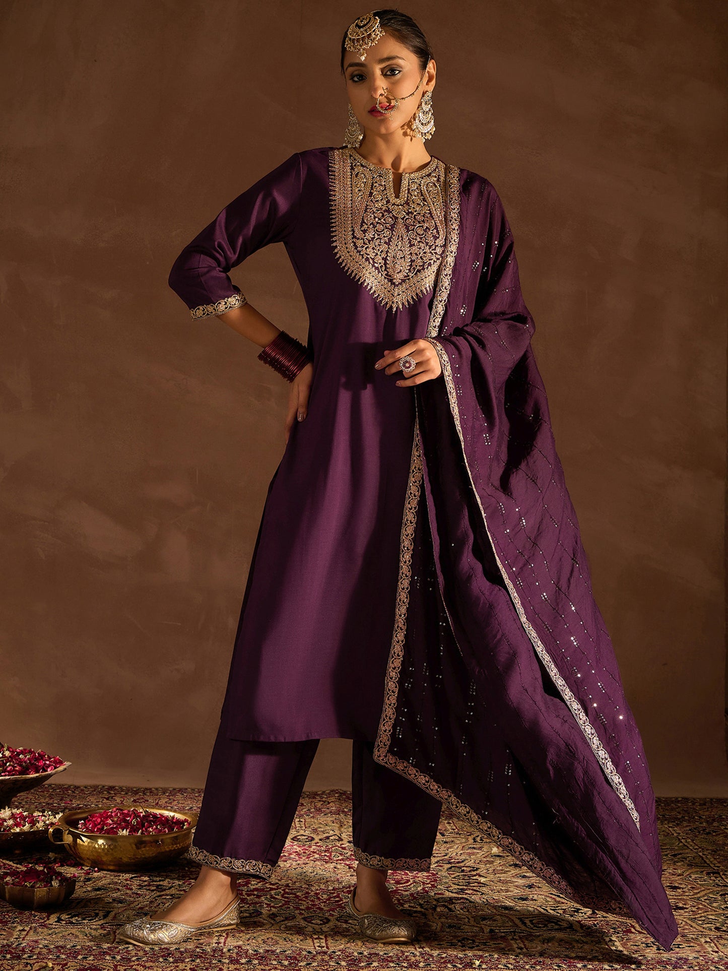 IE Burgundy Embroidered Straight Kurta Trousers With Dupatta set