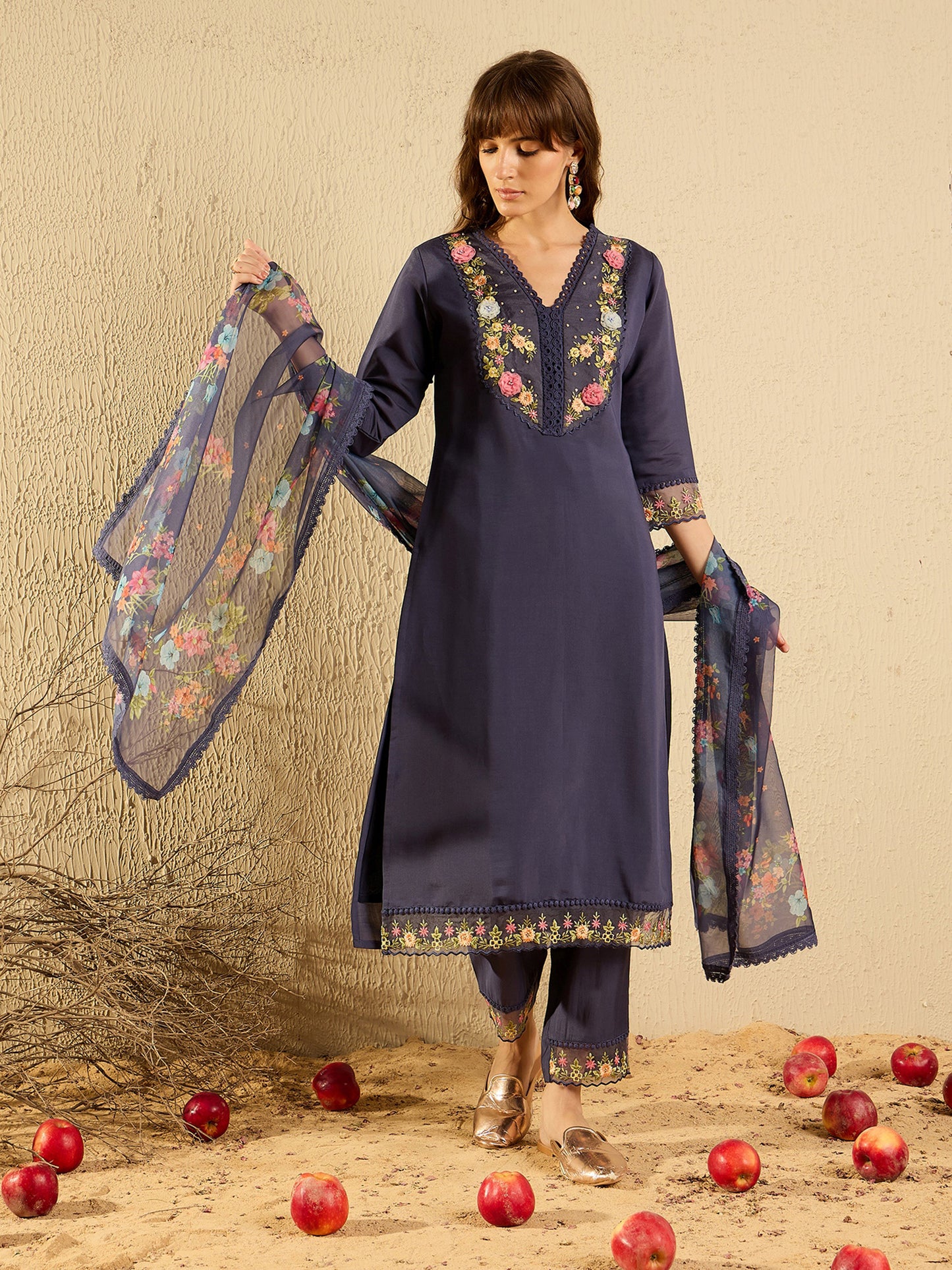 IE Grey Embroidered Straight Kurta Trousers With Dupatta set