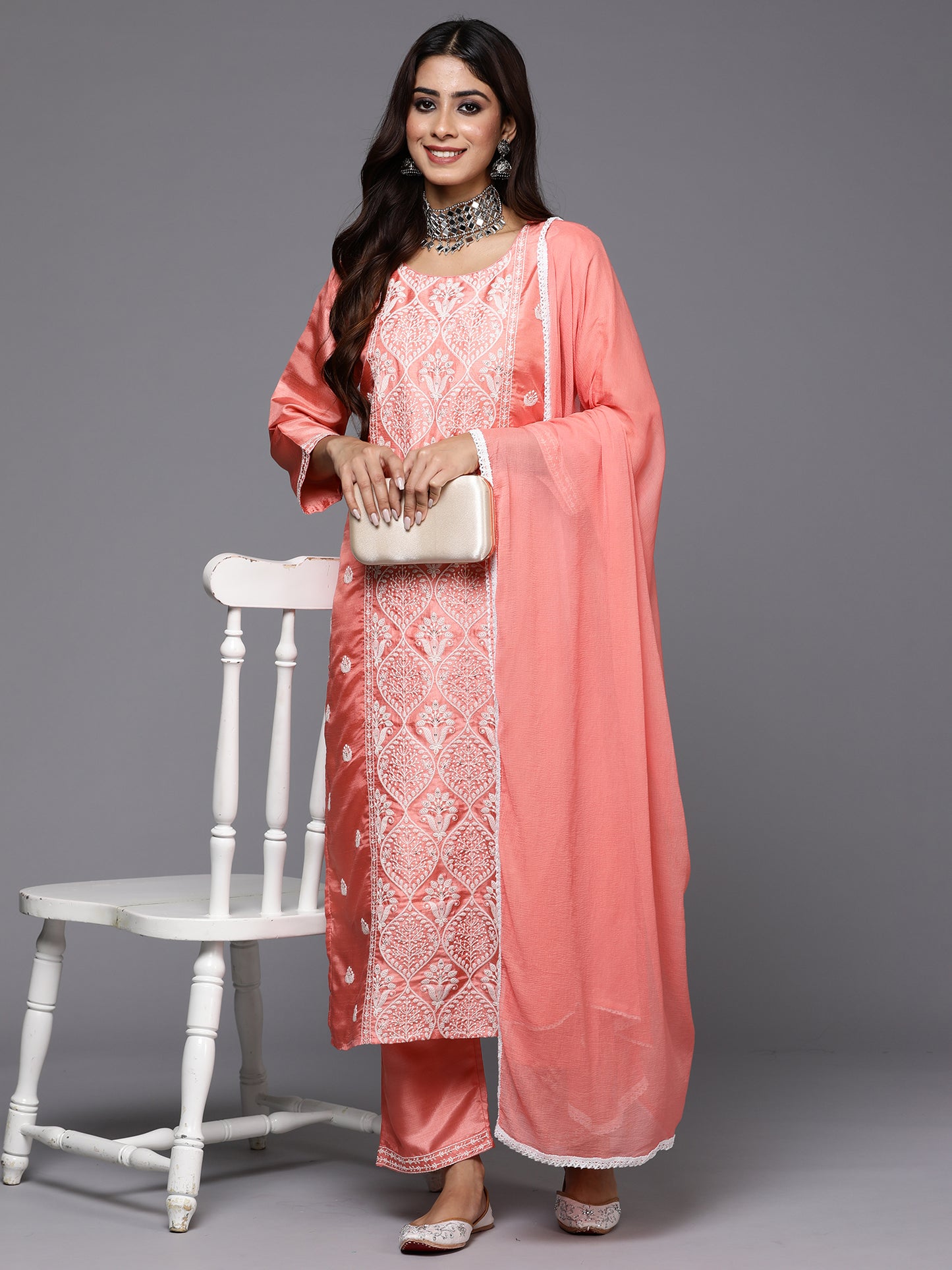 IE Peach Embroidered Straight Kurta Trousers With Dupatta Set