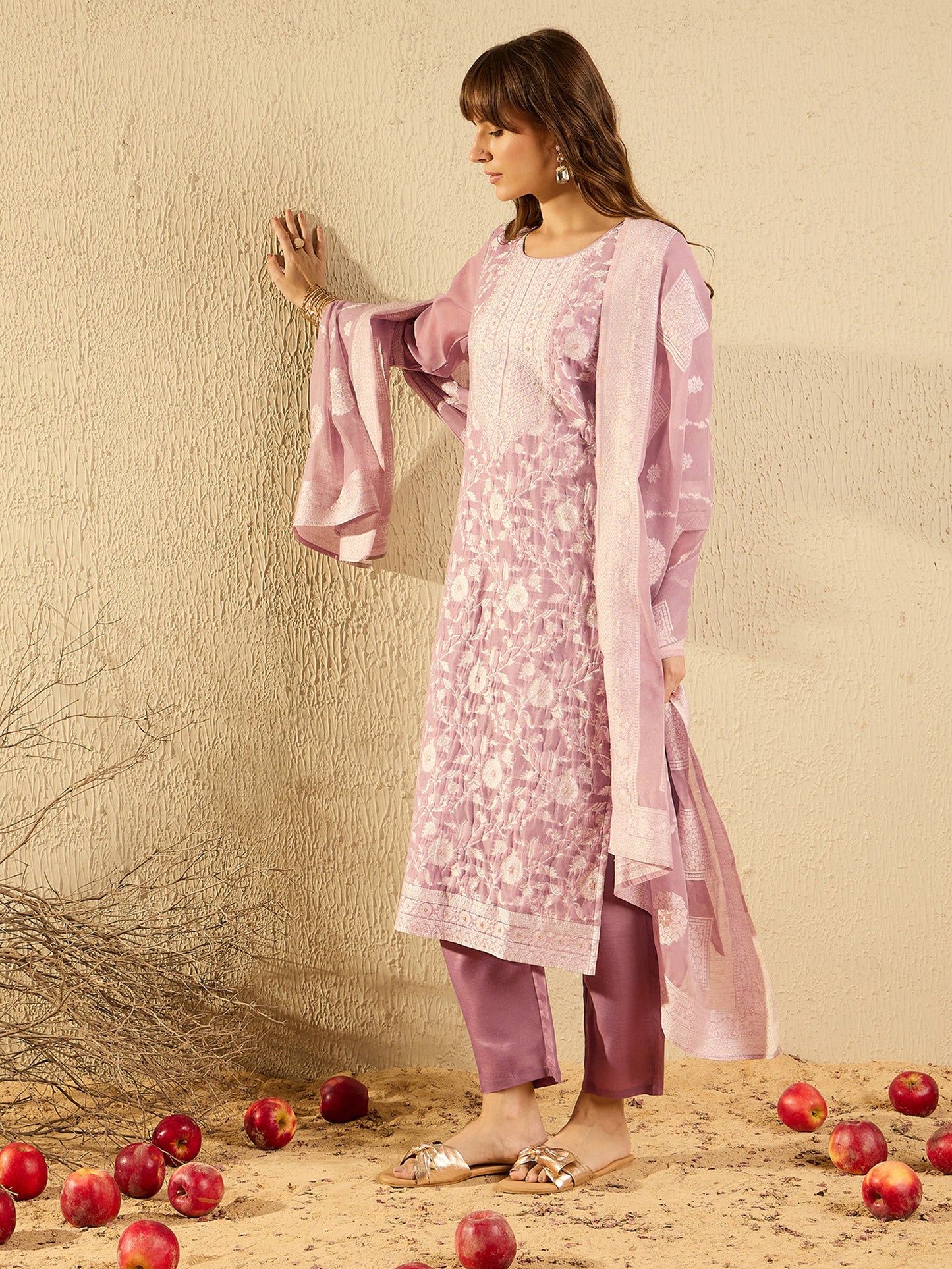 IE Mauve Woven Design Straight Kurta Trousers set