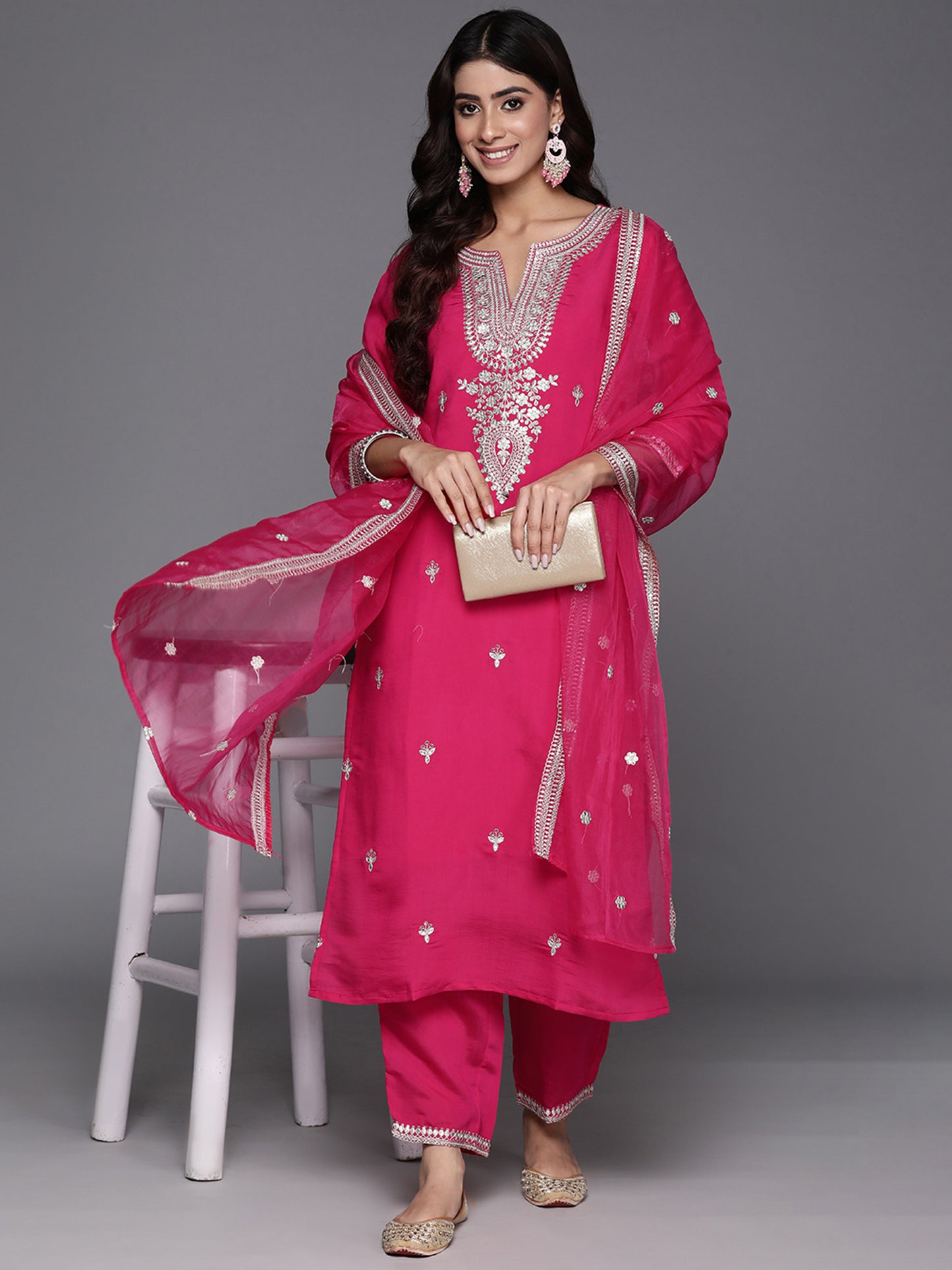 IE Pink Embroidered Straight Kurta Trousers With Dupatta Set