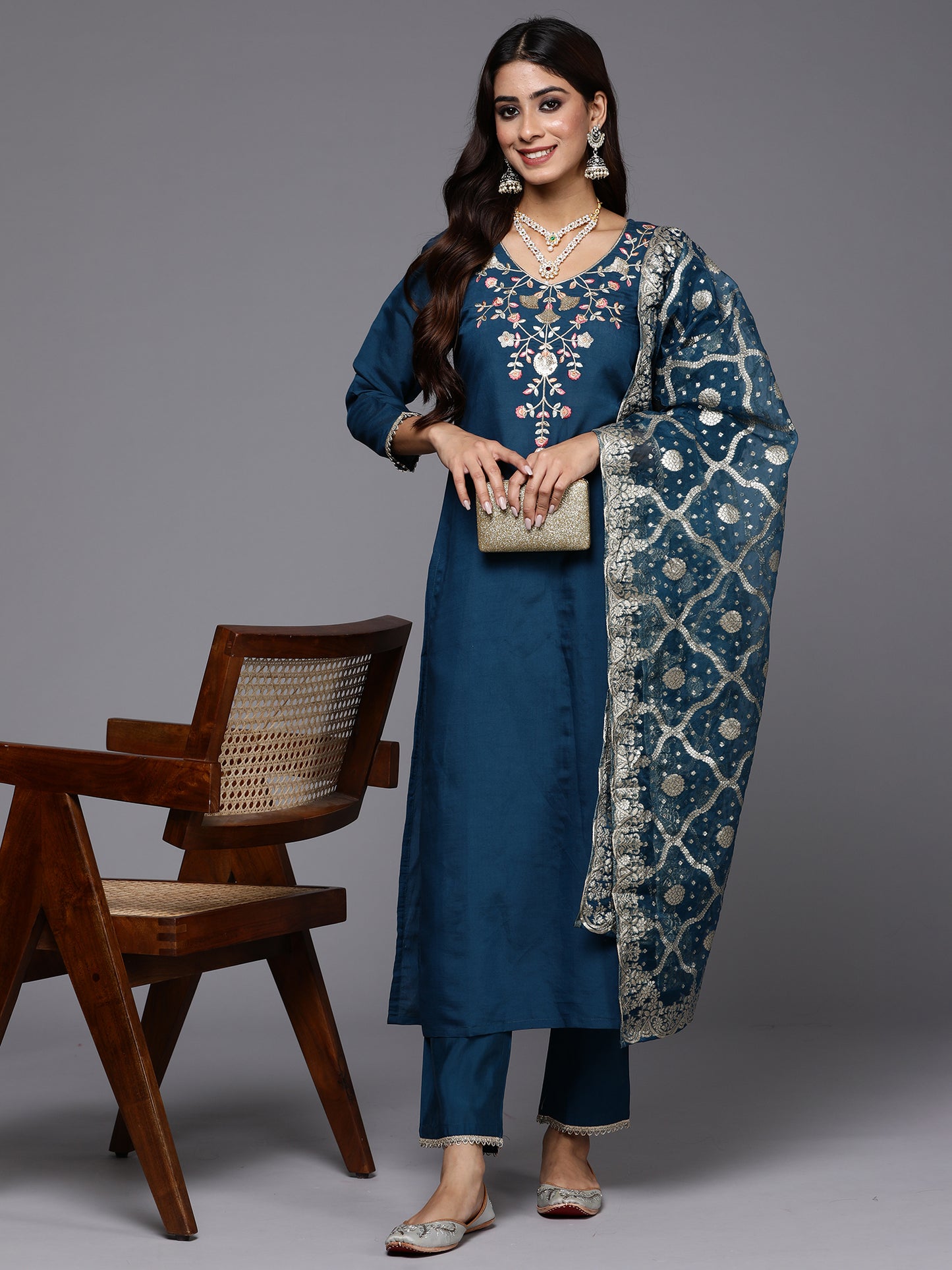 IE Blue Embroidered Straight Kurta Trousers With Dupatta Set