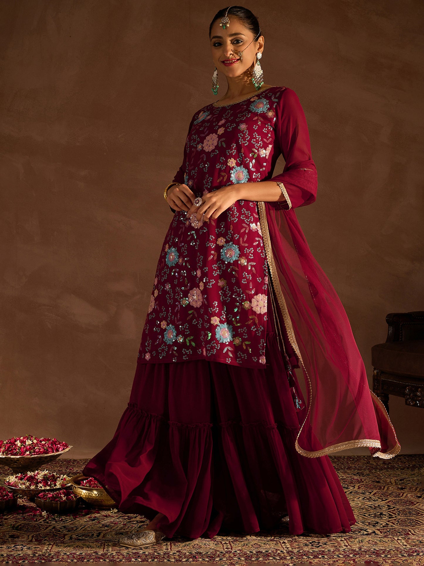 IE Maroon Embroidered Straight Kurta Sharara With Dupatta set