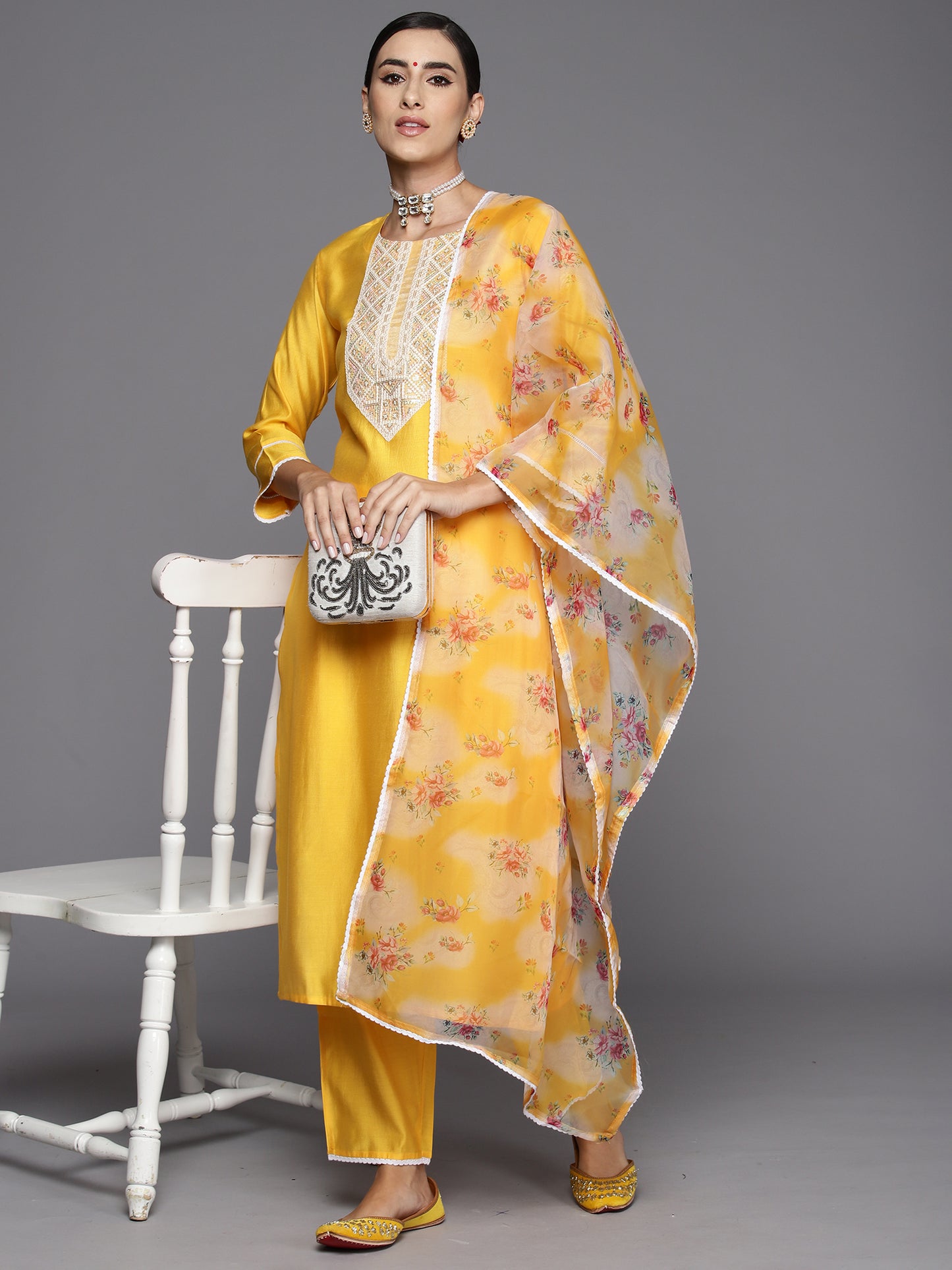 IE Yellow Embroidered Straight Kurta Trousers With Dupatta Set