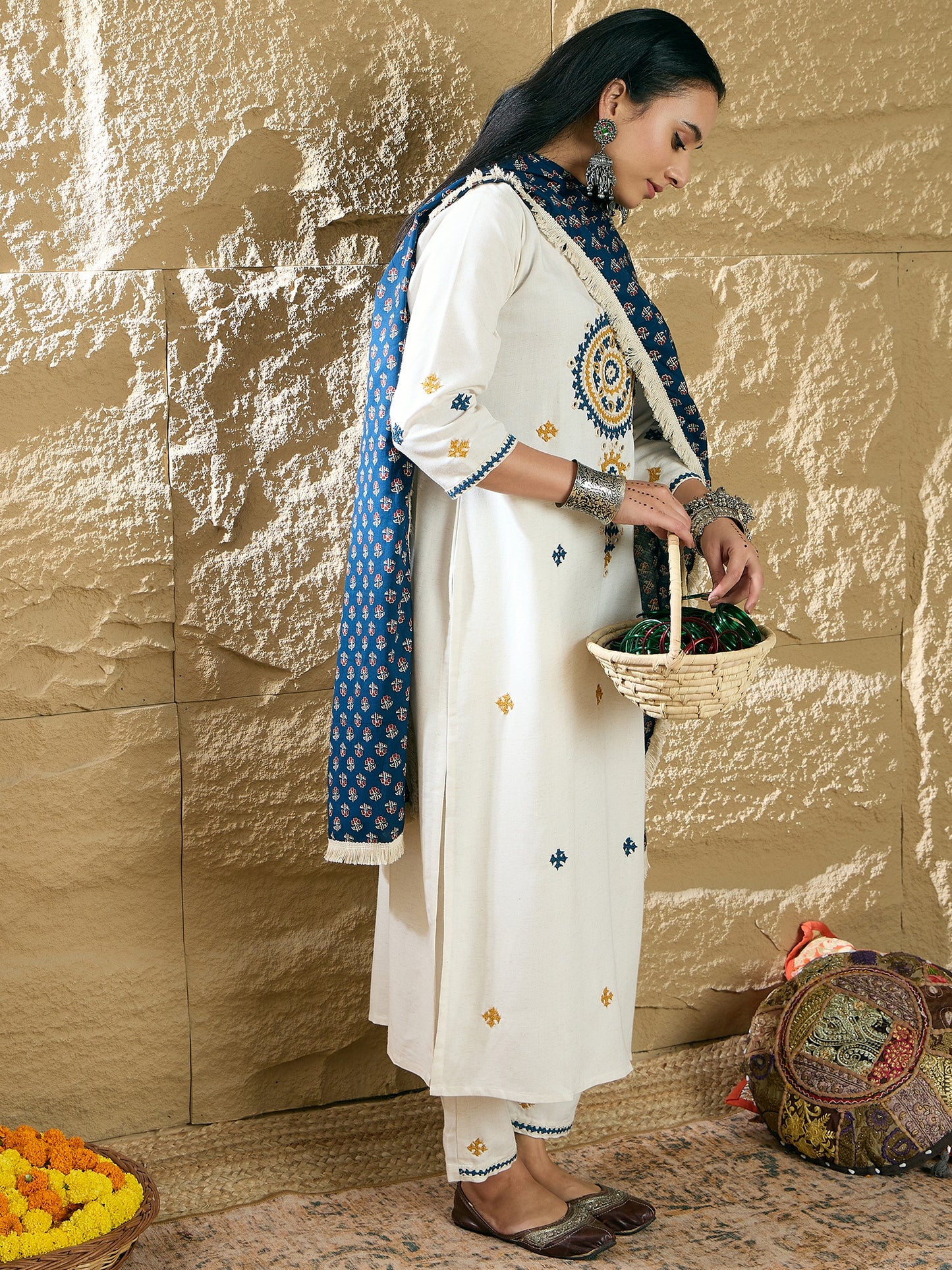 IE Cream Embroidered Straight Kurta Trousers With Dupatta Set