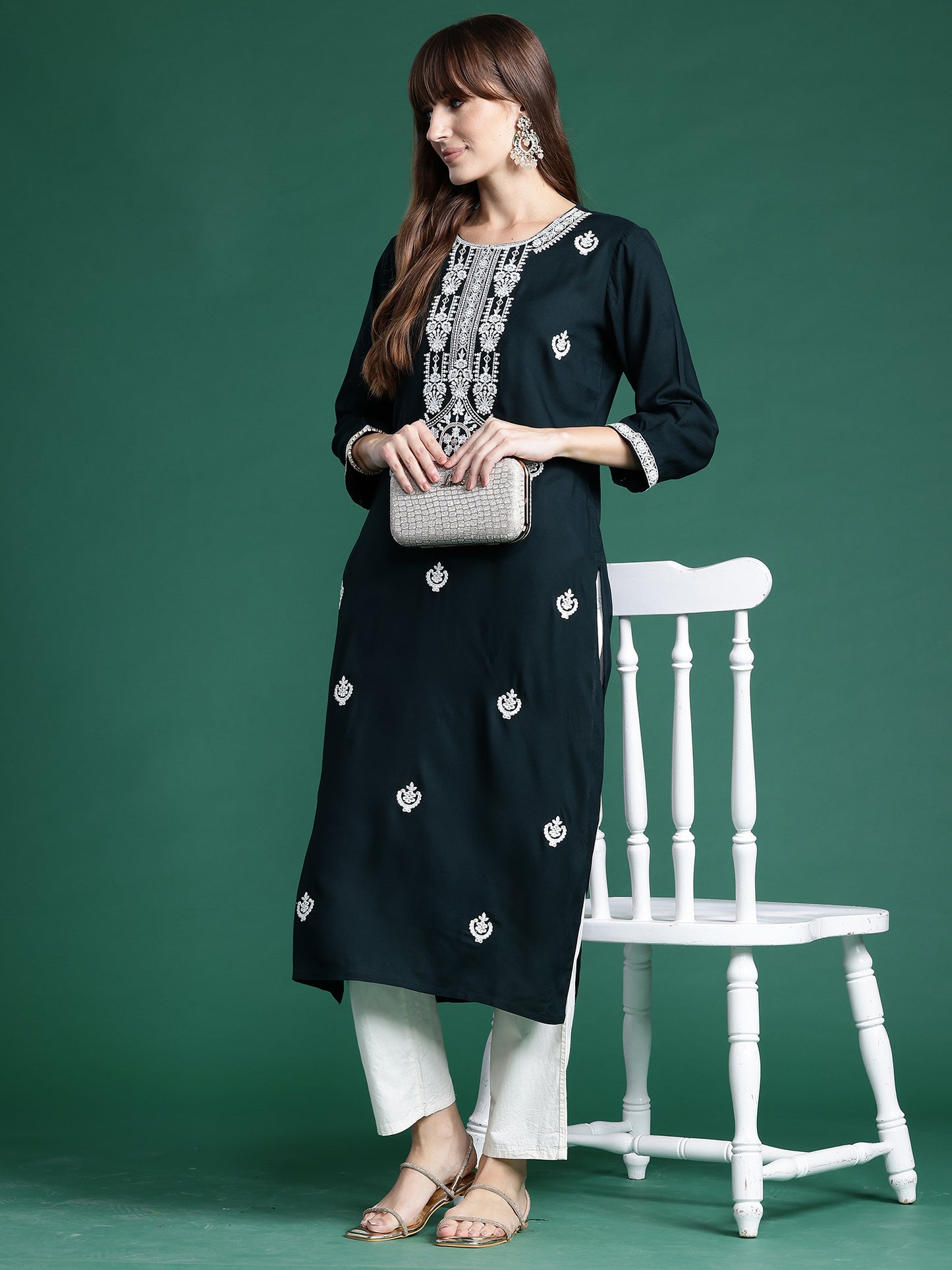 IE Green Embroidered Straight Kurtas