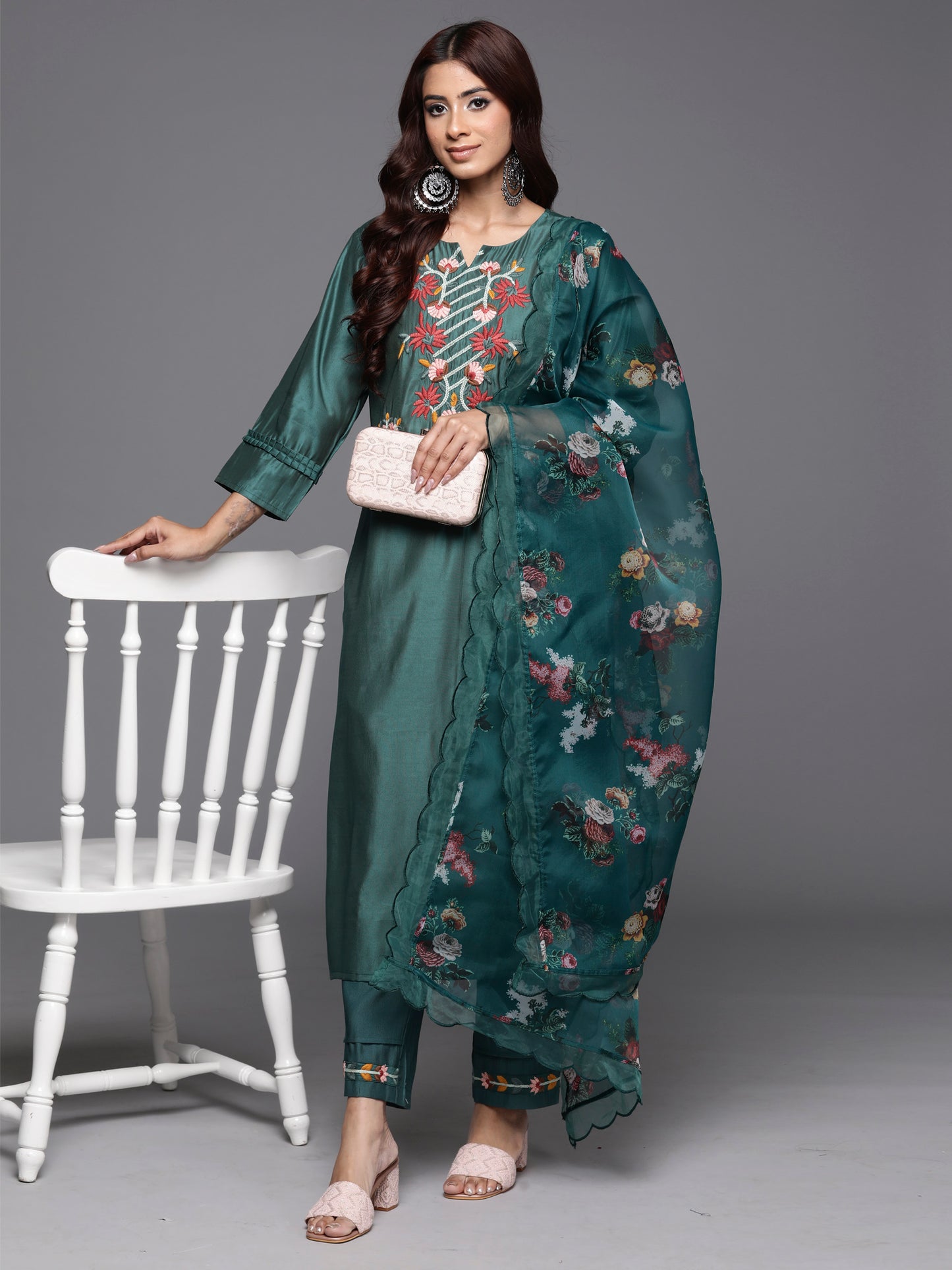 IE Teal Embroidered Straight Ethnic Kurta Trousers With Dupatta Set