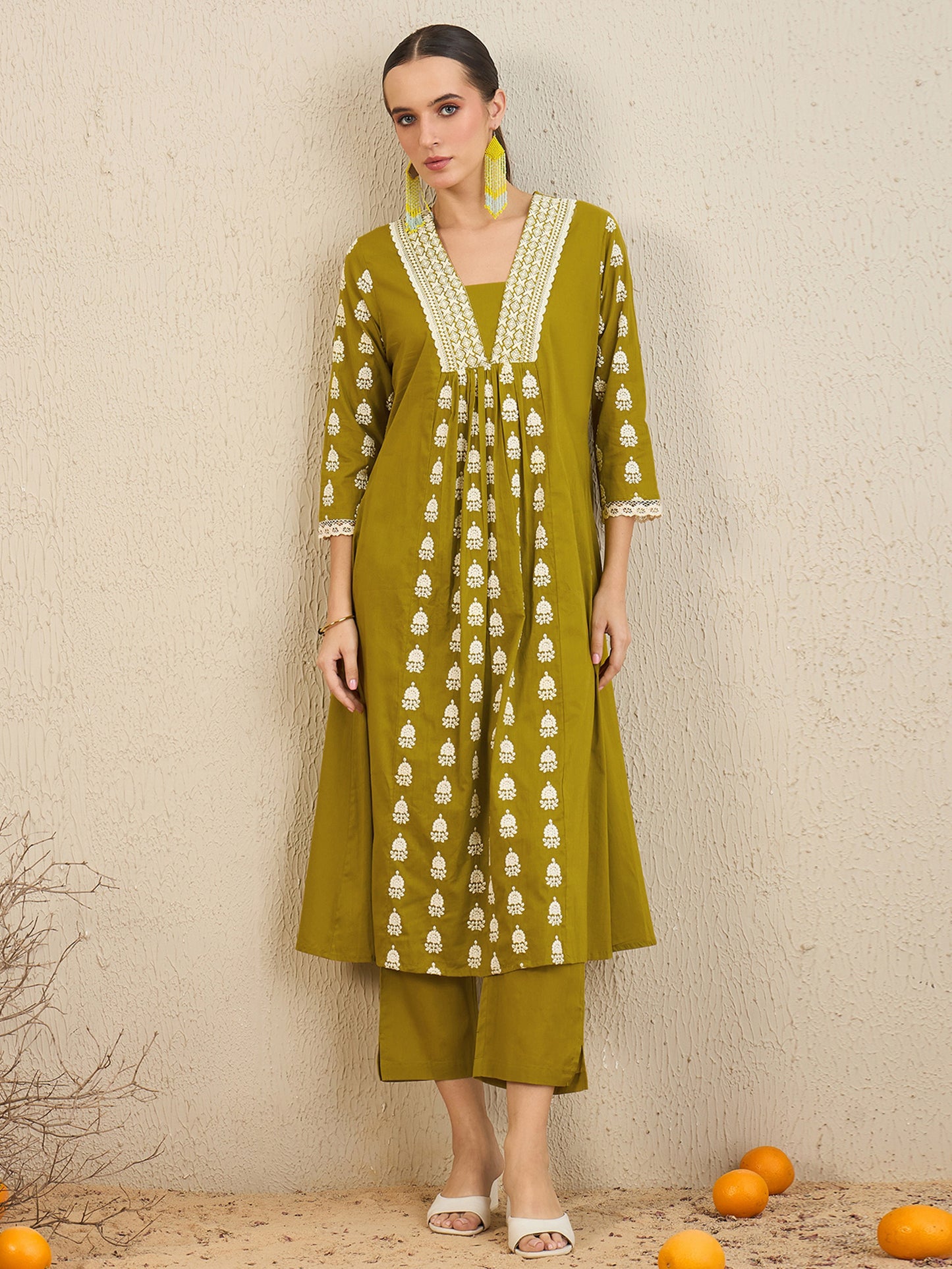 IE Green Embroidered A-Line Kurta Trousers With Dupatta set