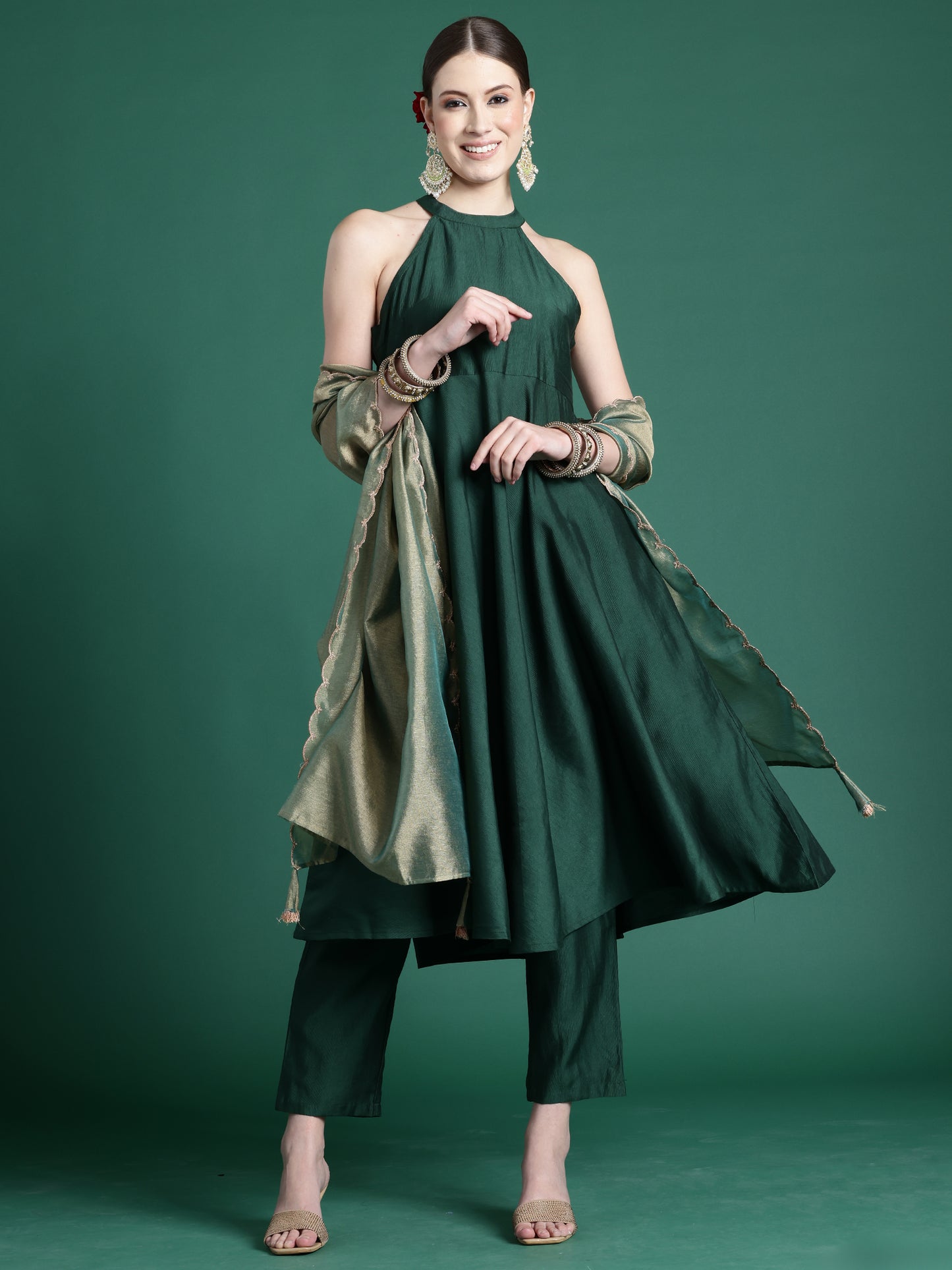 IE Green Solid A-Line Kurta Trousers With Dupatta set