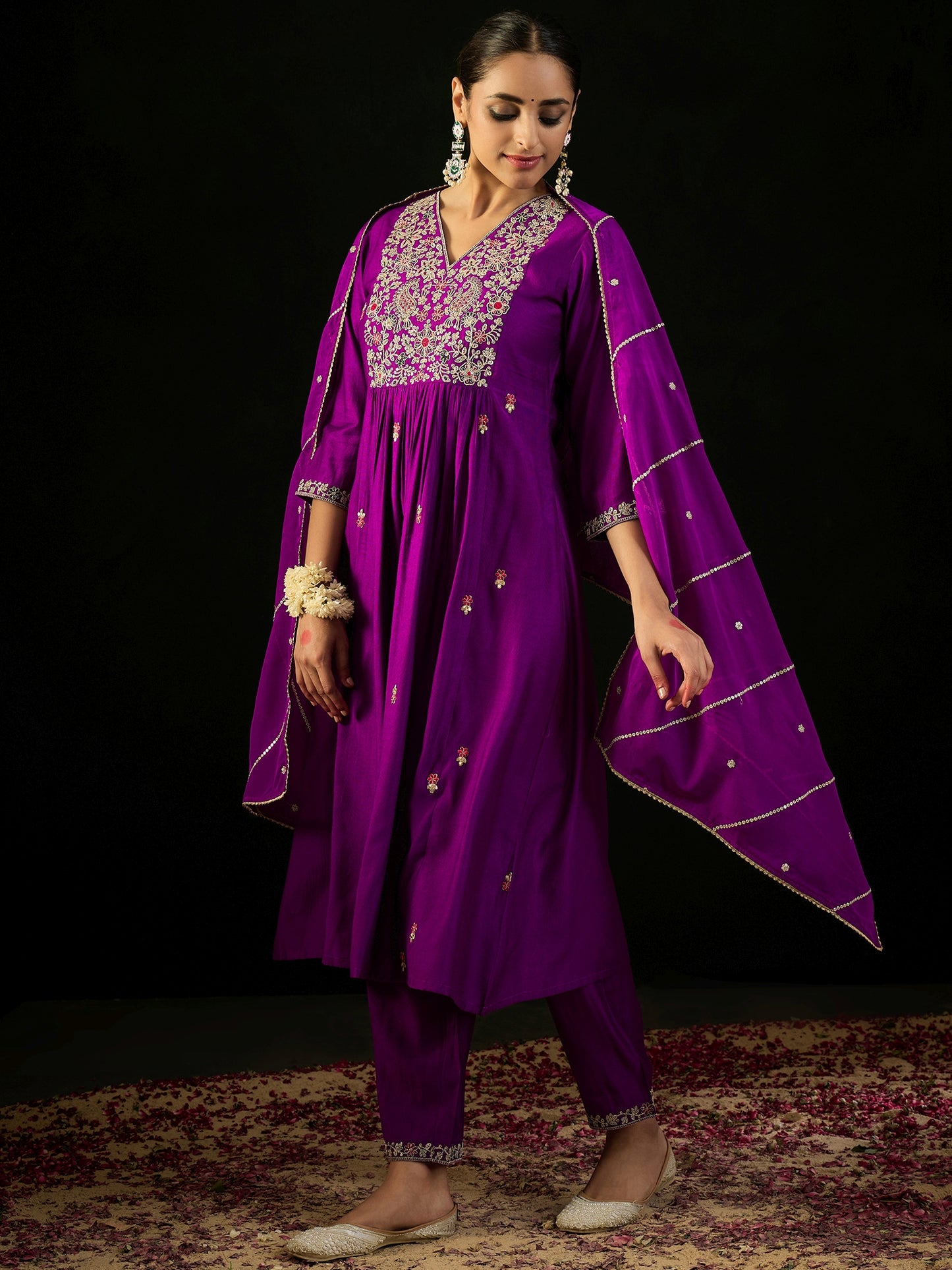 IE Purple Embroidered A-Line Kurta Trousers With Dupatta set