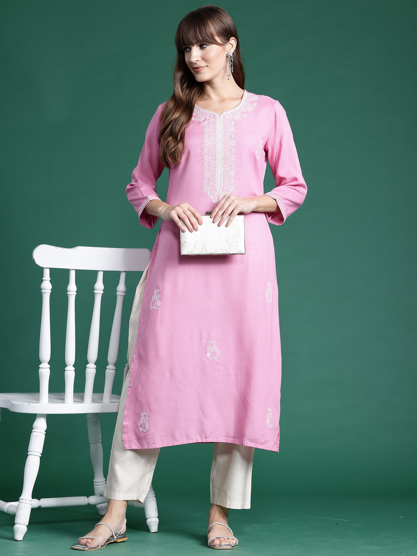 IE Pink Embroidered Straight Kurtas