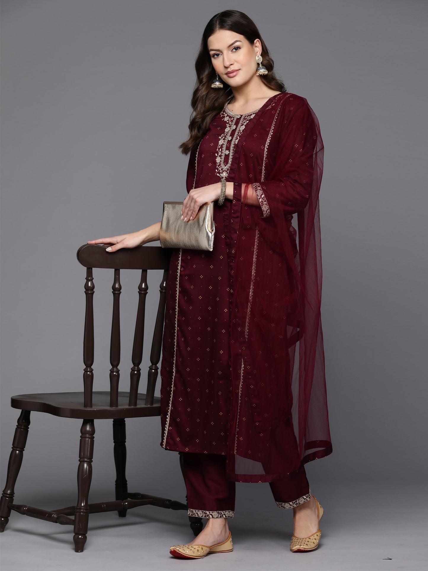 IE Burgundy Embroidered Straight Kurta Trousers With Dupatta Set