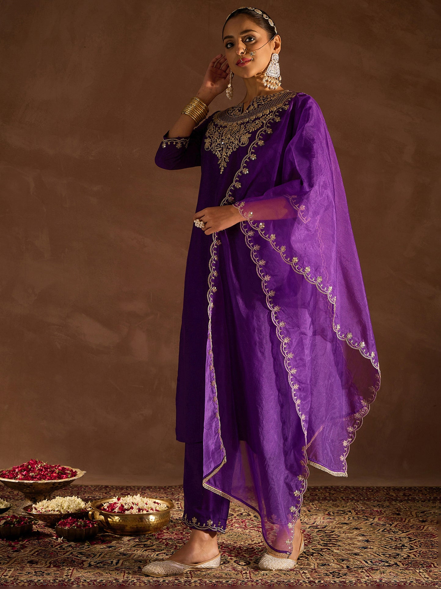 IE Purple Embroidered Straight Kurta Trousers With Dupatta set