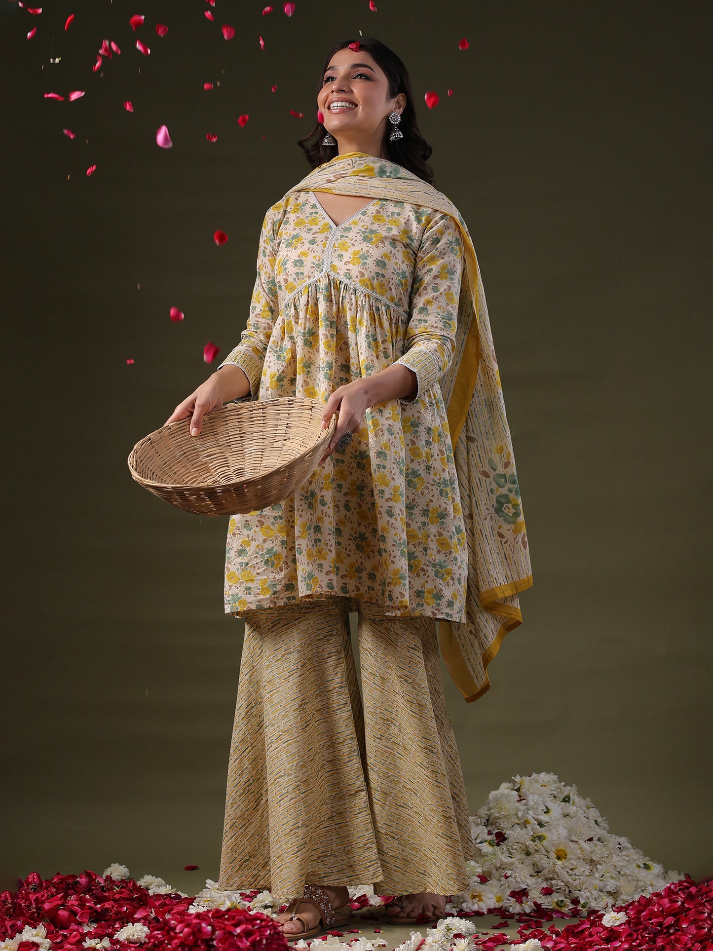 IE Beige Printed A-Line Kurta Sharara With Dupatta set