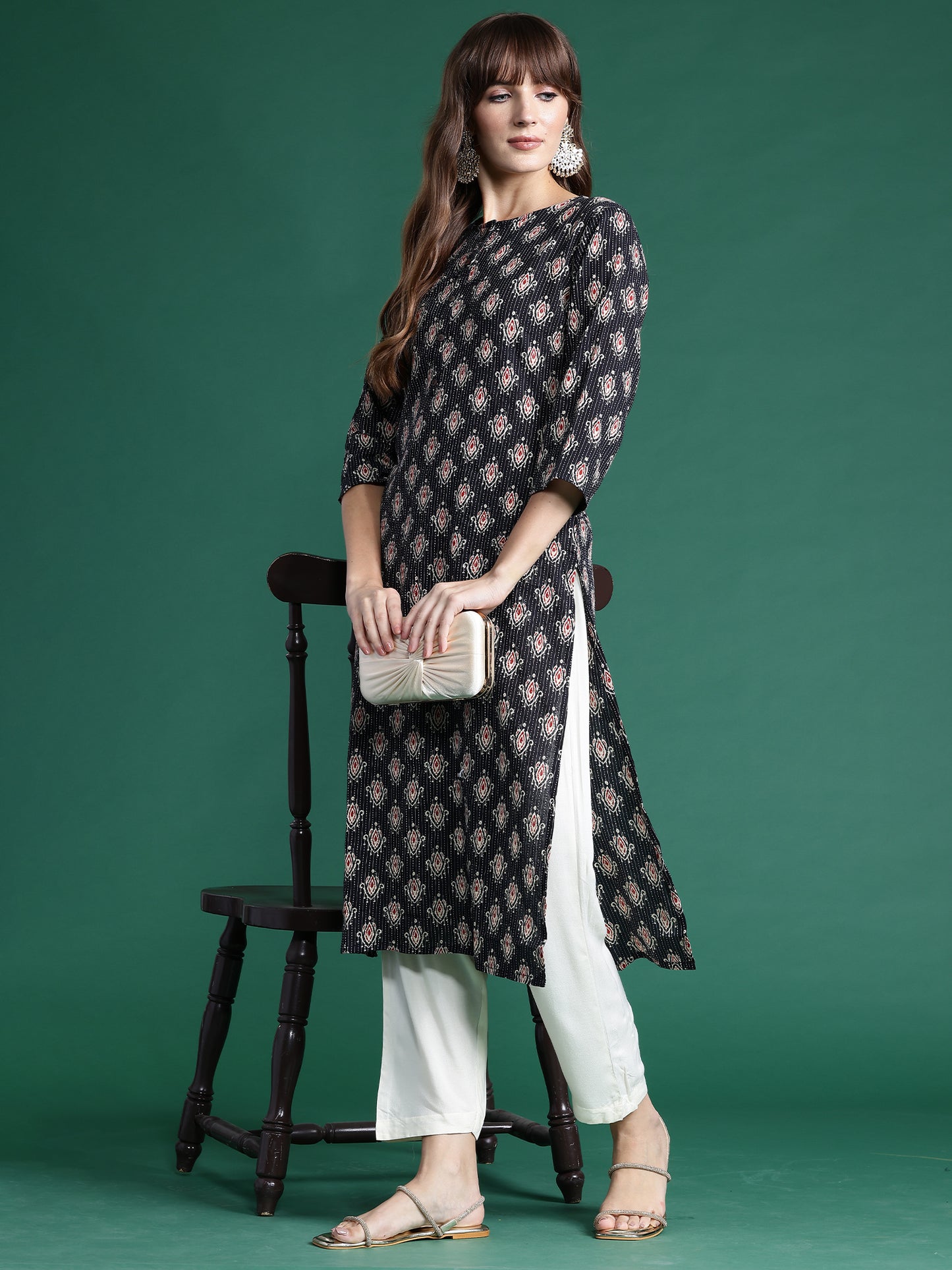 IE Black Printed Straight Kurtas