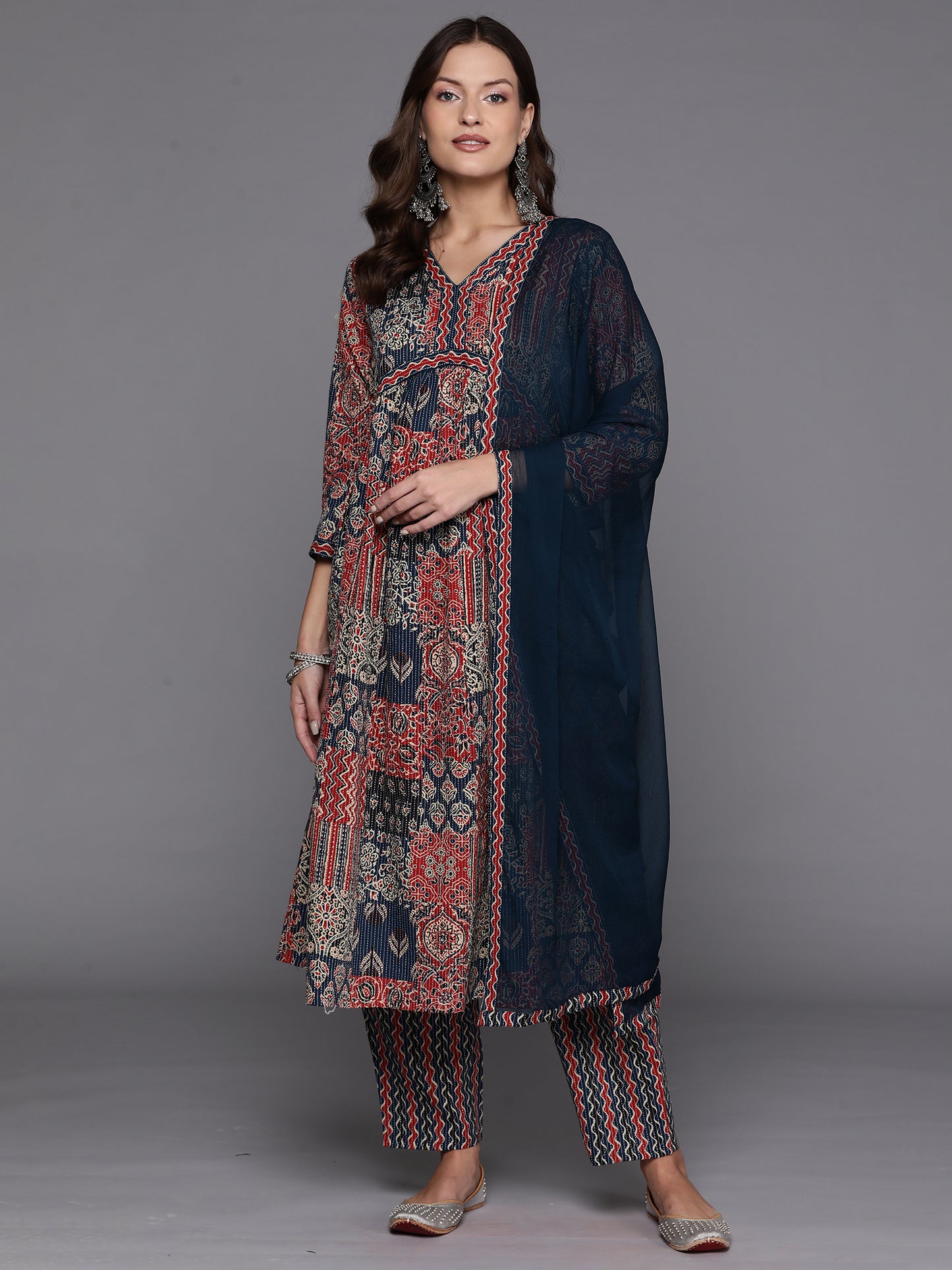 IE Blue Embroidered A-Line Kurta Trousers With Dupatta Set