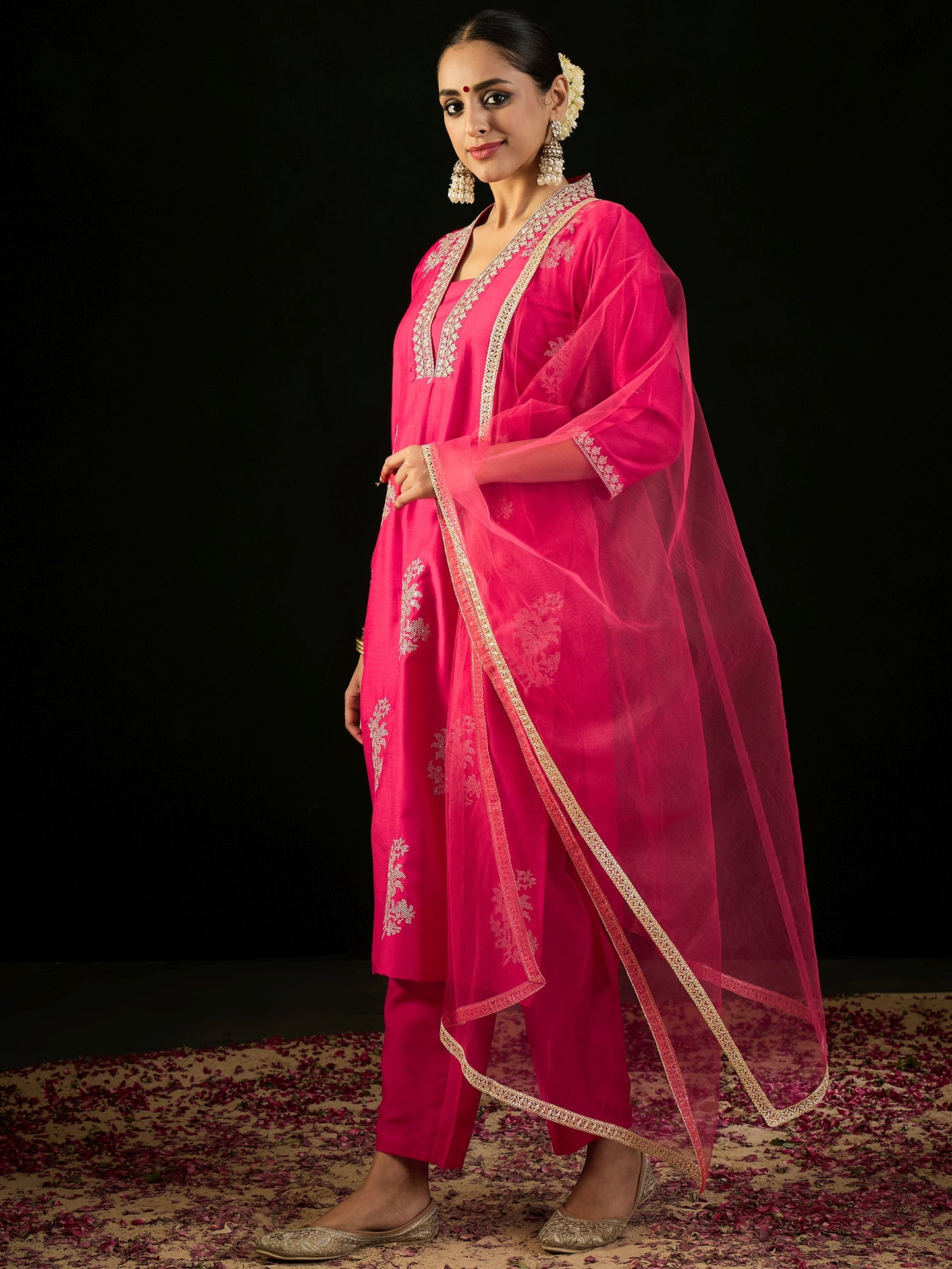 IE Magenta Embroidered Straight Kurta Trousers With Dupatta set