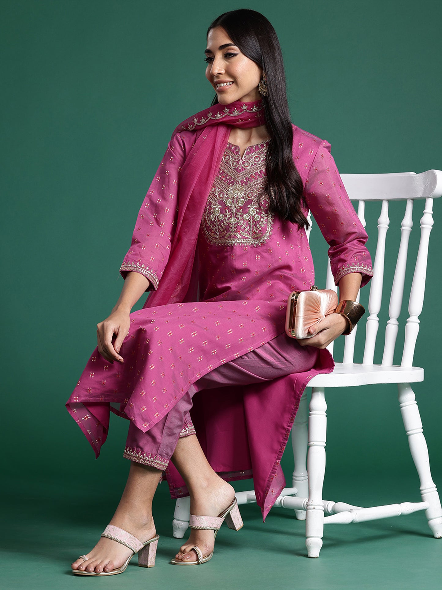 IE Mauve Embroidered Straight Kurta Trousers With Dupatta Set