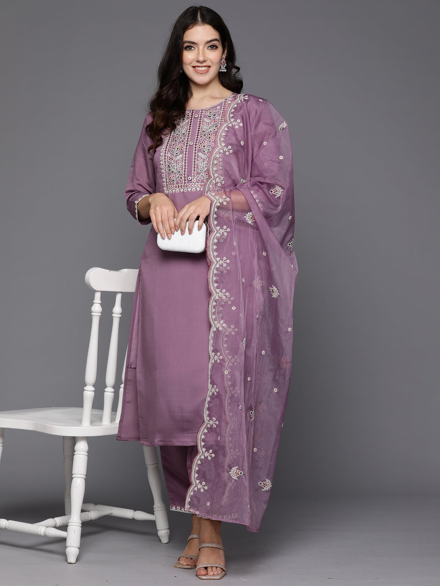 IE Lavender Embroidered Straight Kurta Trousers With Dupatta set