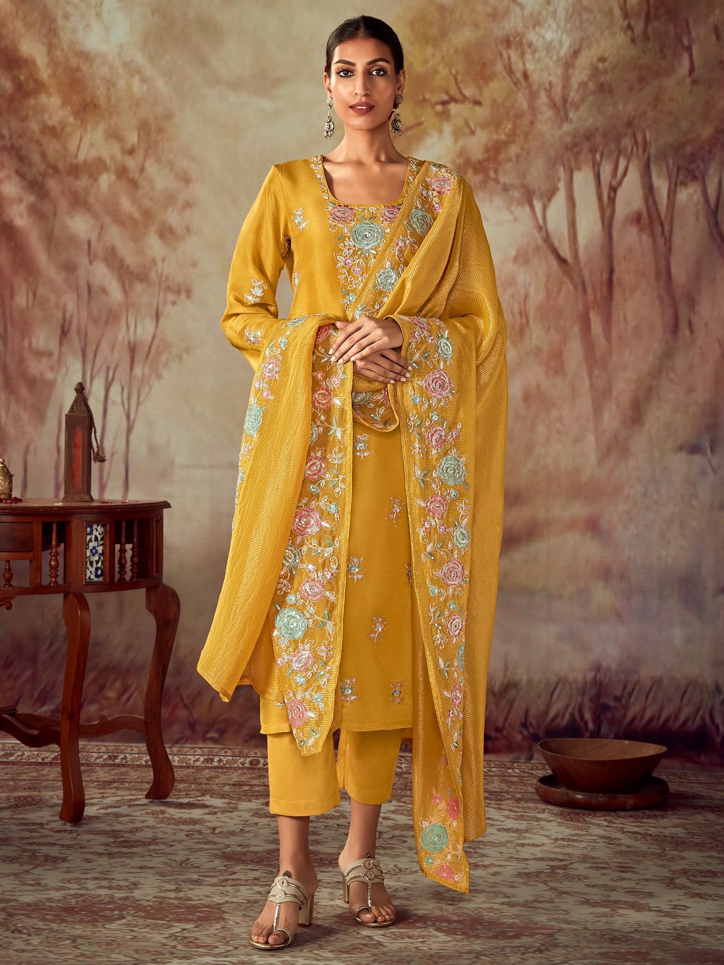 IE Mustard Embroidered Straight Kurta Trousers With Dupatta set