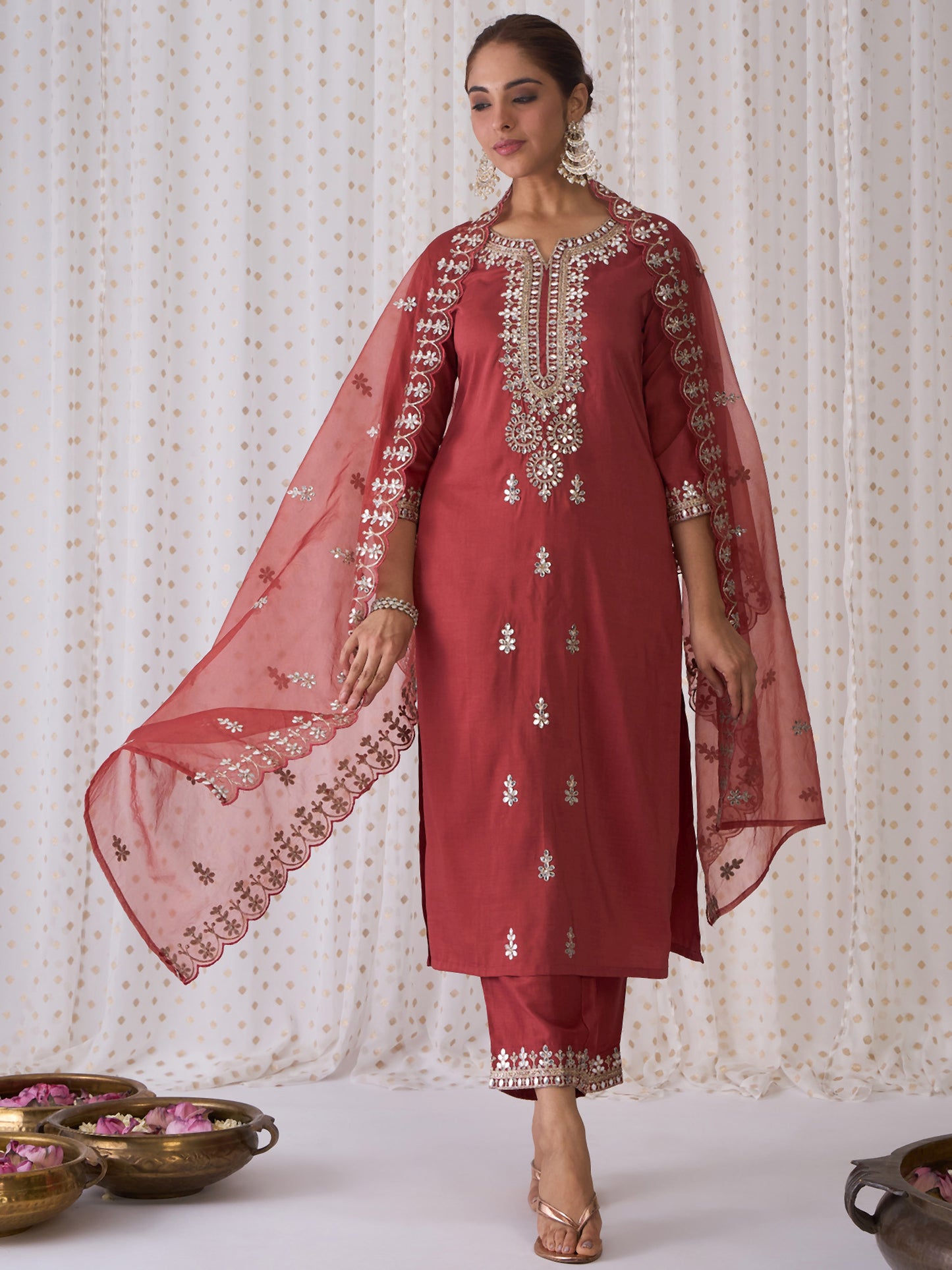 IE Rust Embroidered Straight Kurta Trousers With Dupatta set