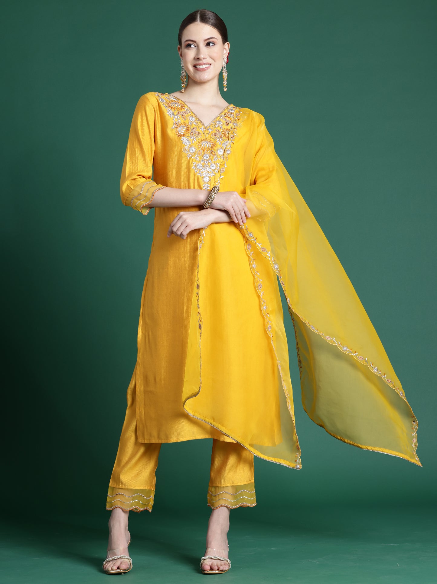 IE Yellow Embroidered Straight Kurta Trousers With Dupatta set