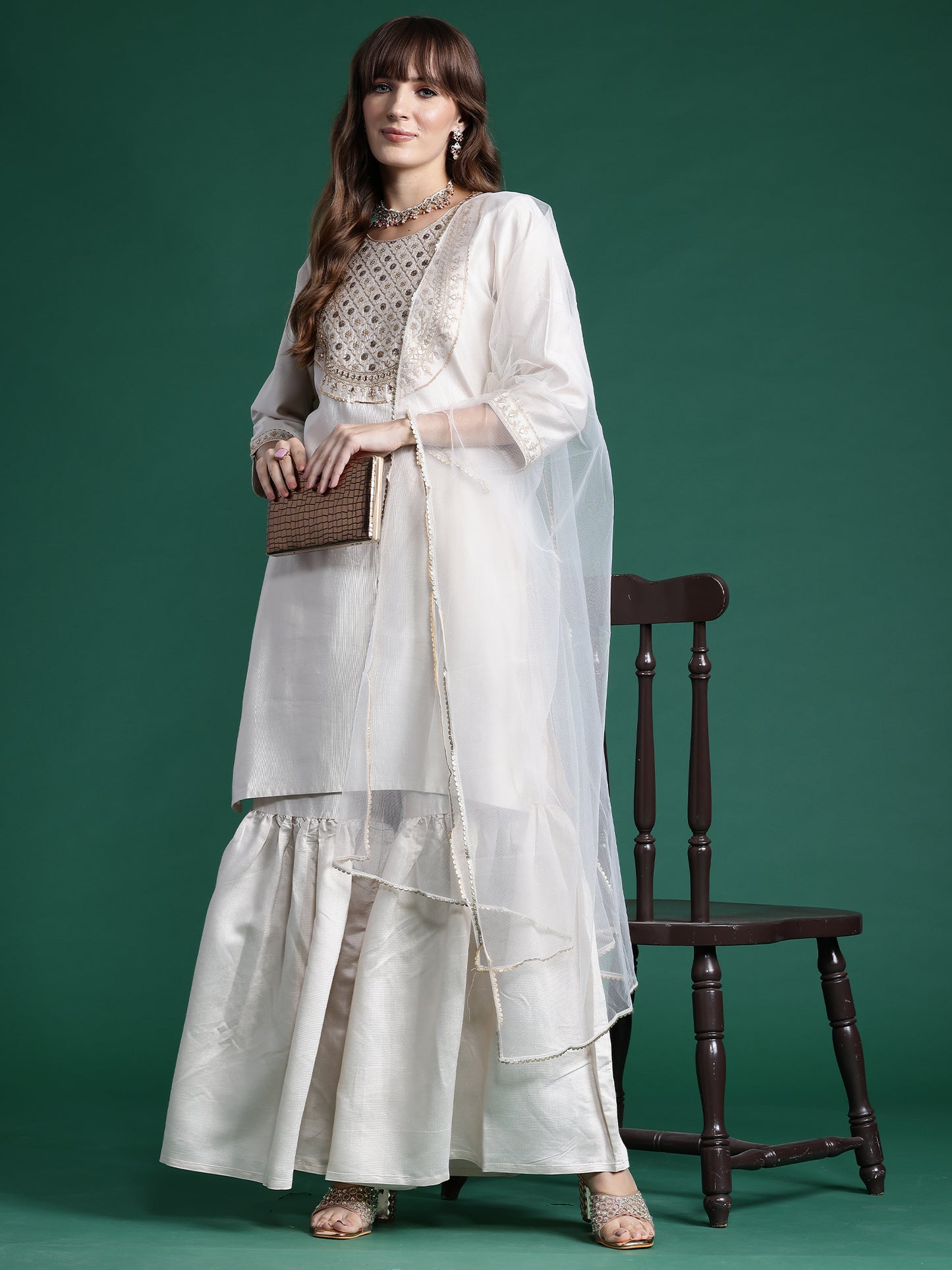 IE Off White Embroidered Straight Kurta Sharara With Dupatta  Set