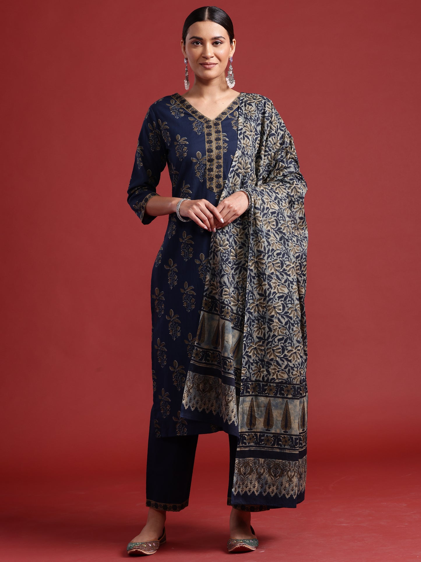 IE Blue Printed Straight Kurta Trousers With Dupatta set