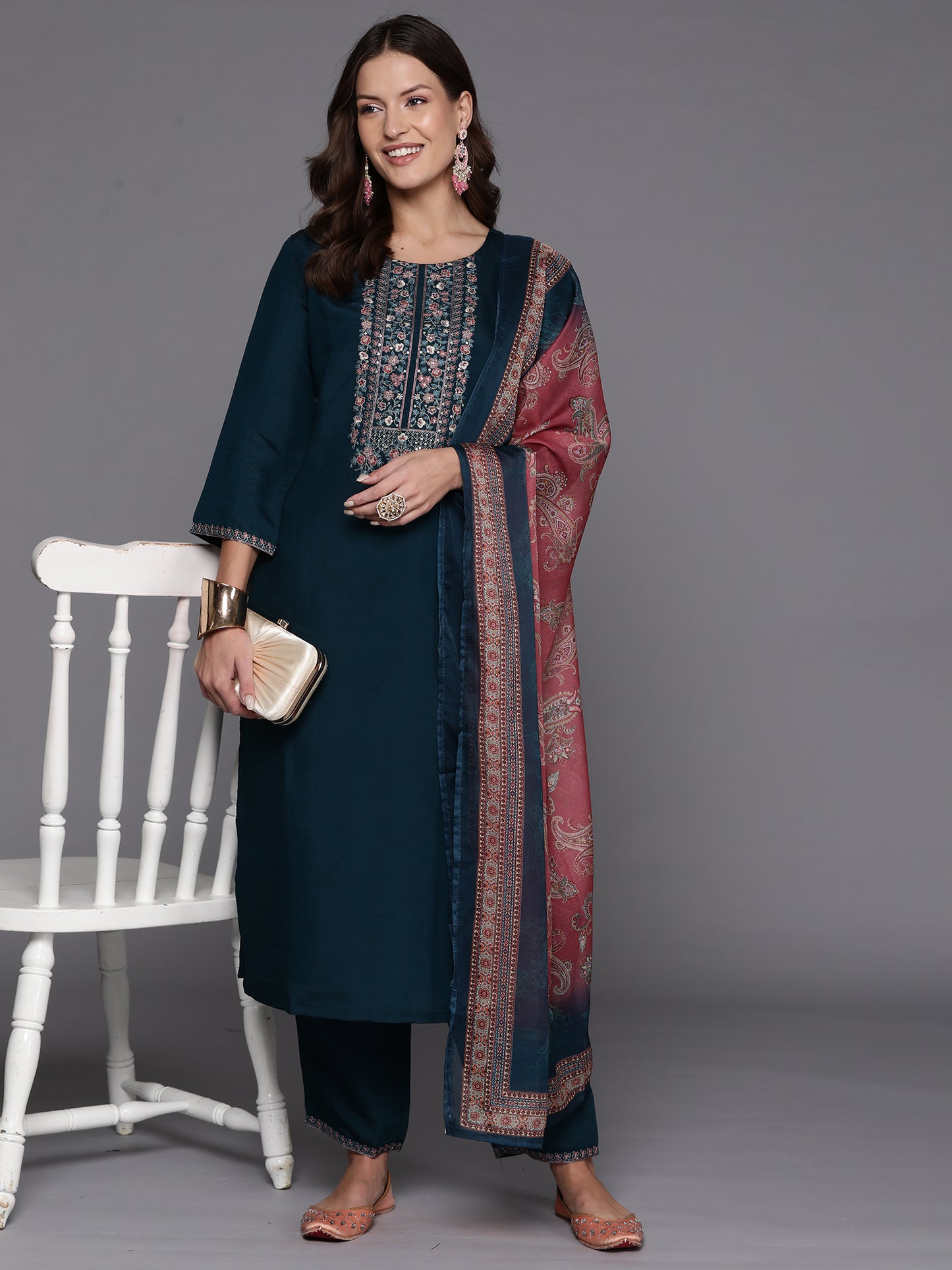 IE Teal Embroidered Straight Kurta Trousers With Dupatta Set