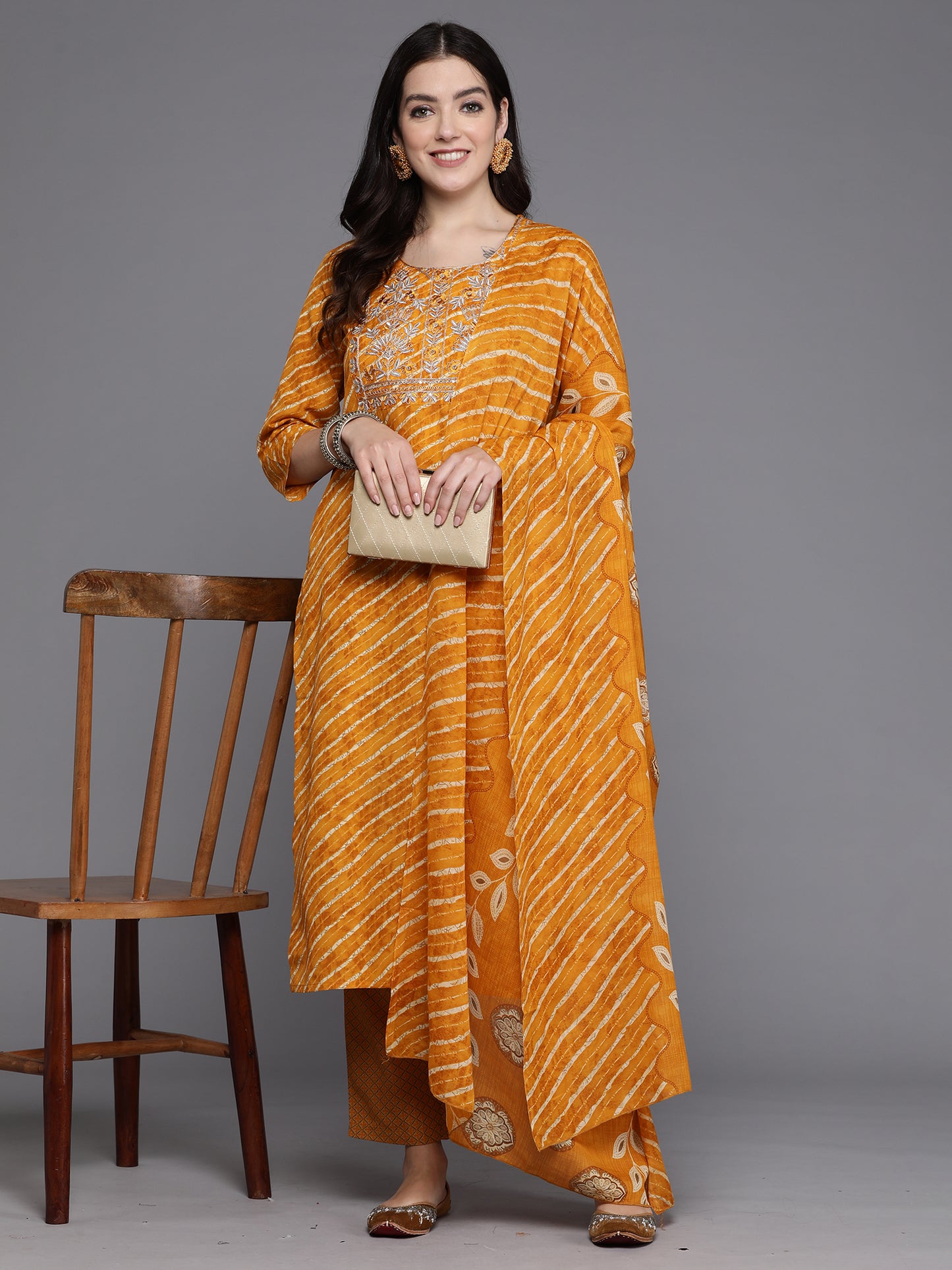 IE Mustard Printed Straight Kurta Trousers With Dupatta set