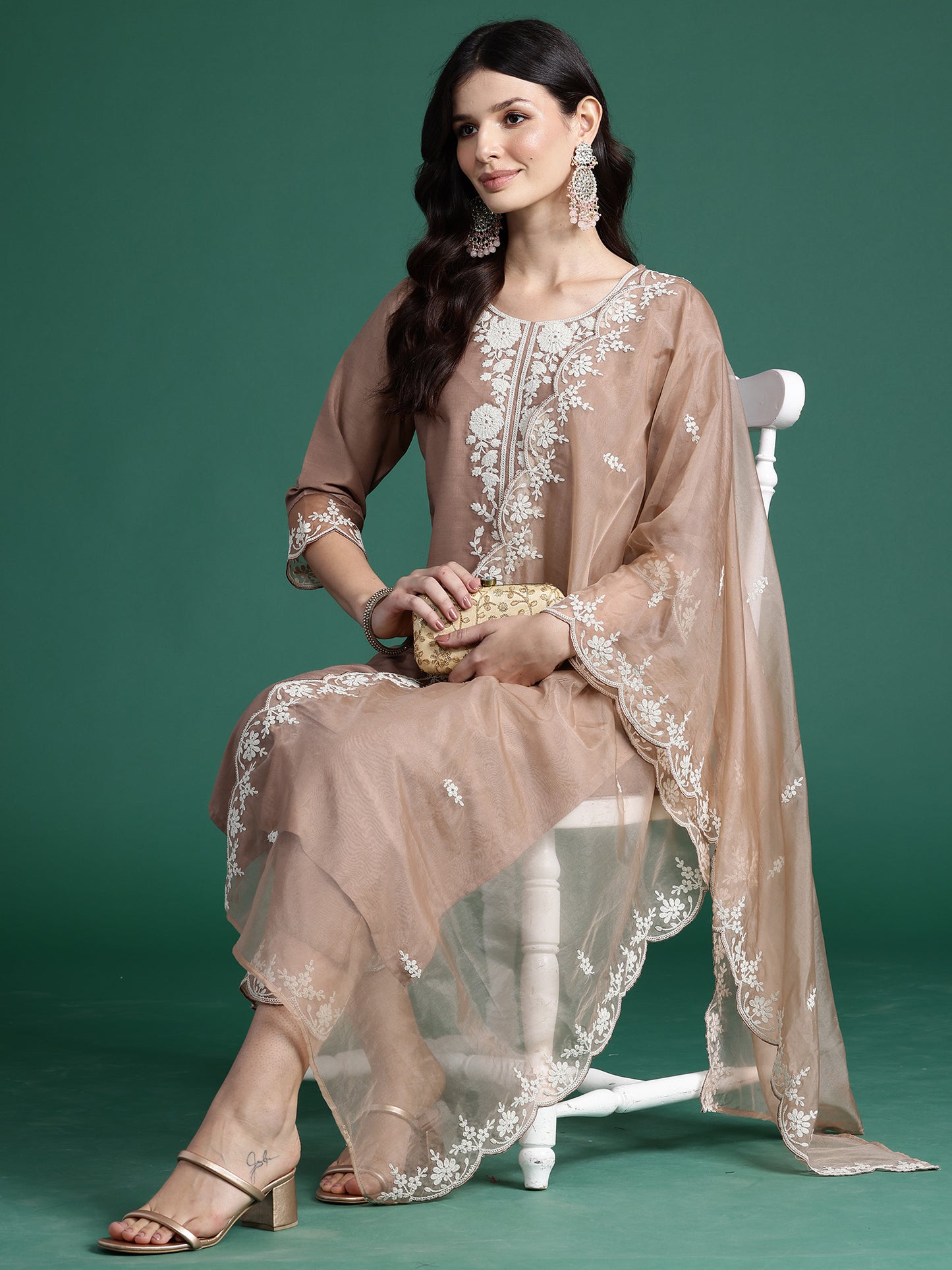 IE Brown Embroidered Straight Kurta Trousers With Dupatta set