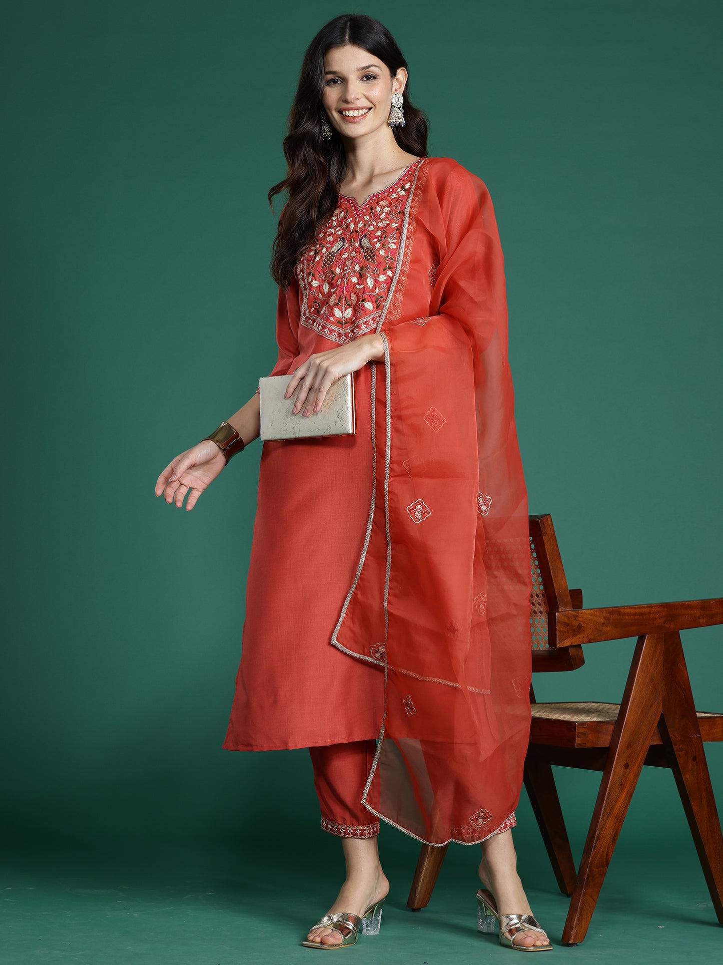 IE Orange Embroidered Straight Kurta Trousers With Dupatta  Set