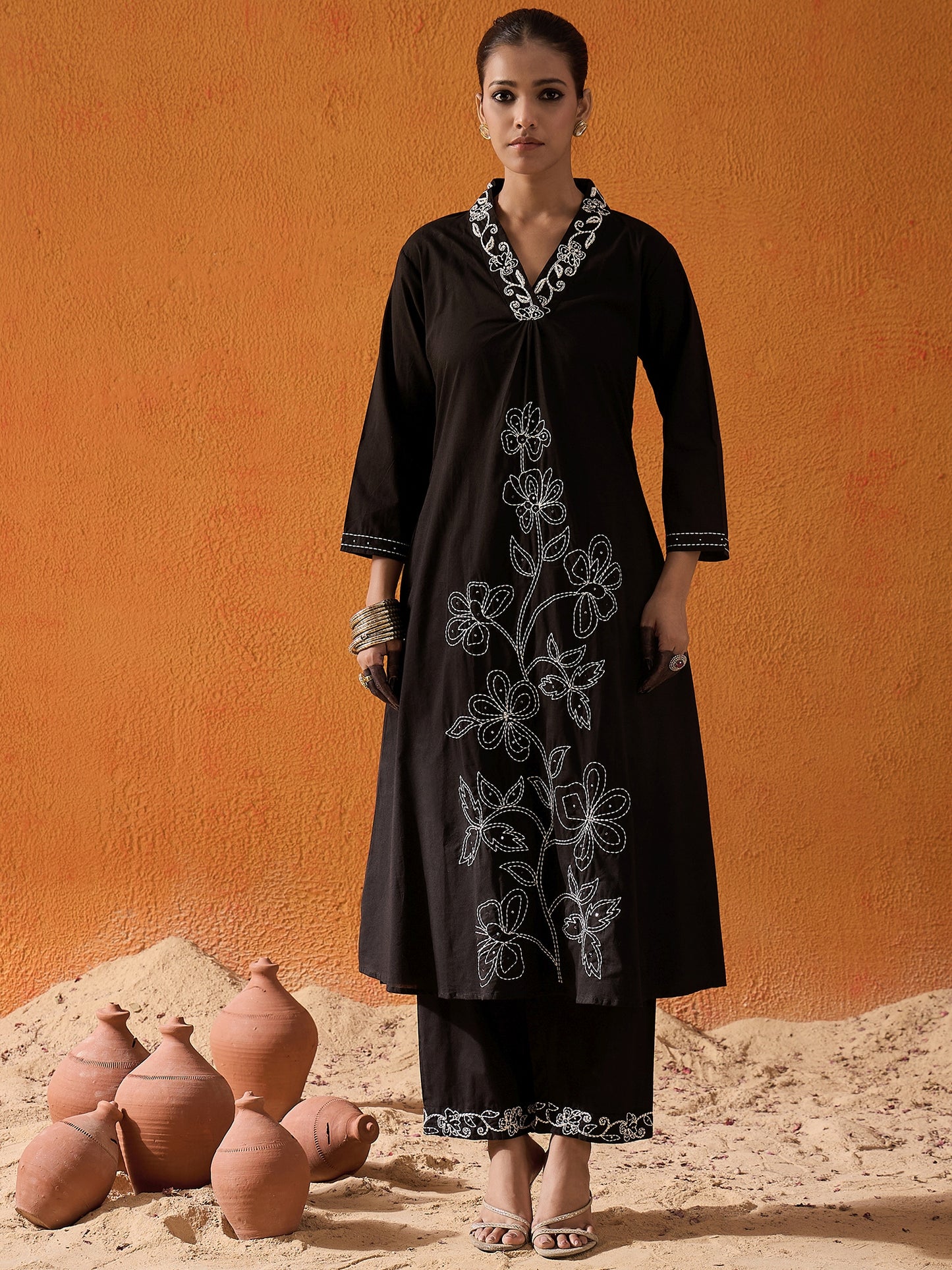 IE Black Embroidered A-Line Kurta Trousers With Dupatta set