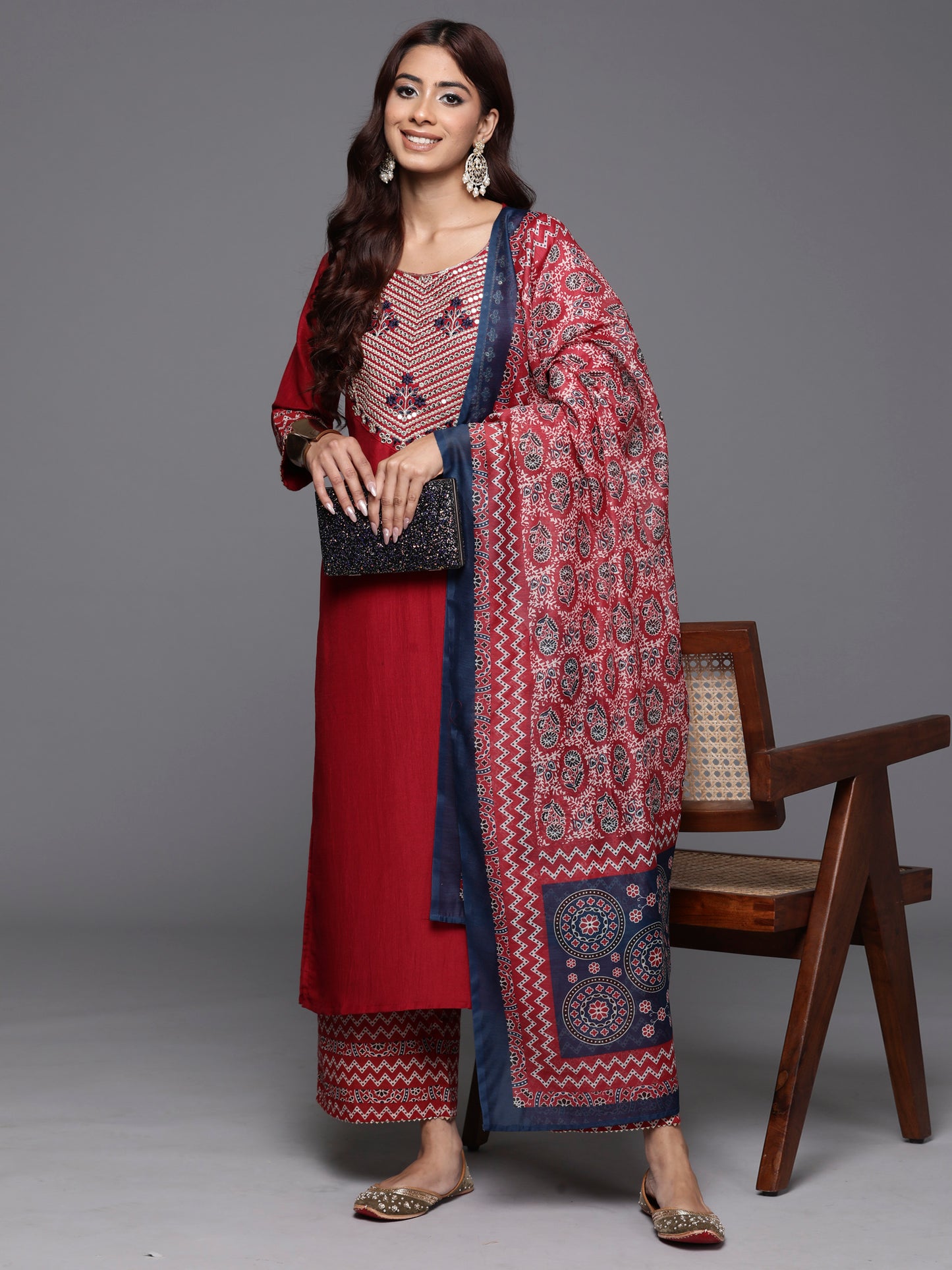 IE Rust Embroidered Straight Kurta Palazzos With Dupatta Set