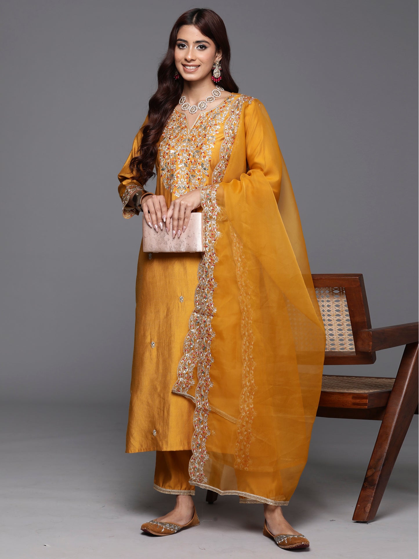 IE Mustard Embroidered Straight Kurta Trousers With Dupatta Set