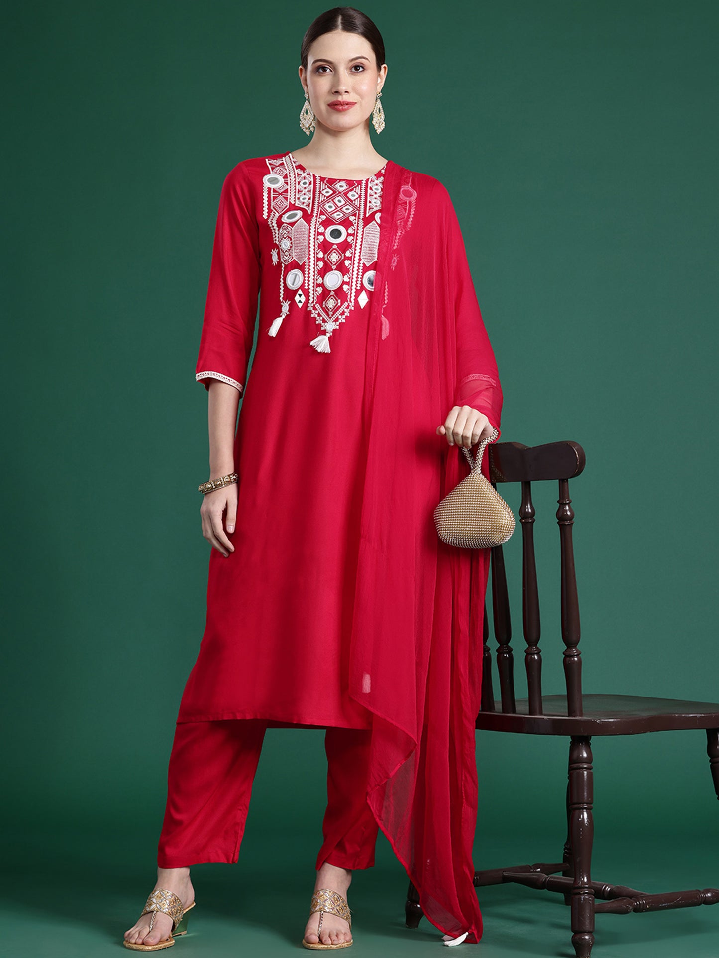 IE Pink Embroidered Straight Kurta Trousers With Dupatta set