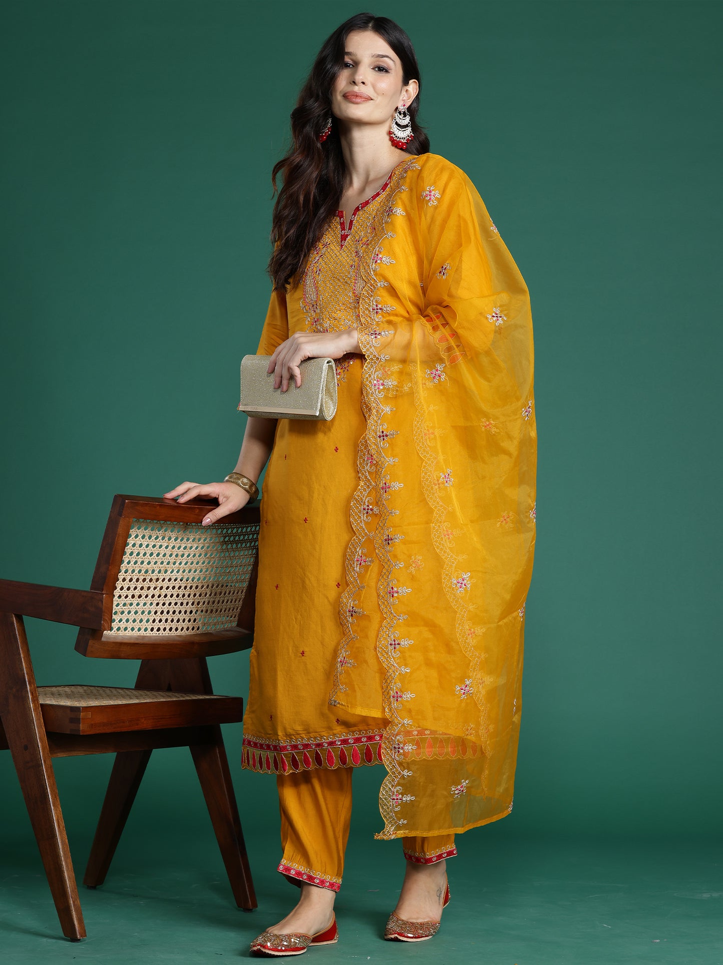 IE Mustard Embroidered Straight Kurta Trousers With Dupatta set