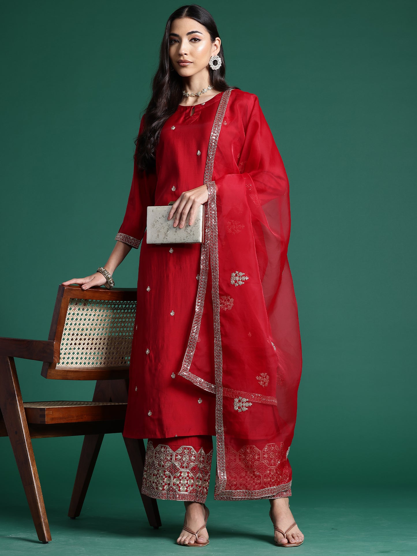 IE Red Embroidered Straight Kurta Palazzos With Dupatta set