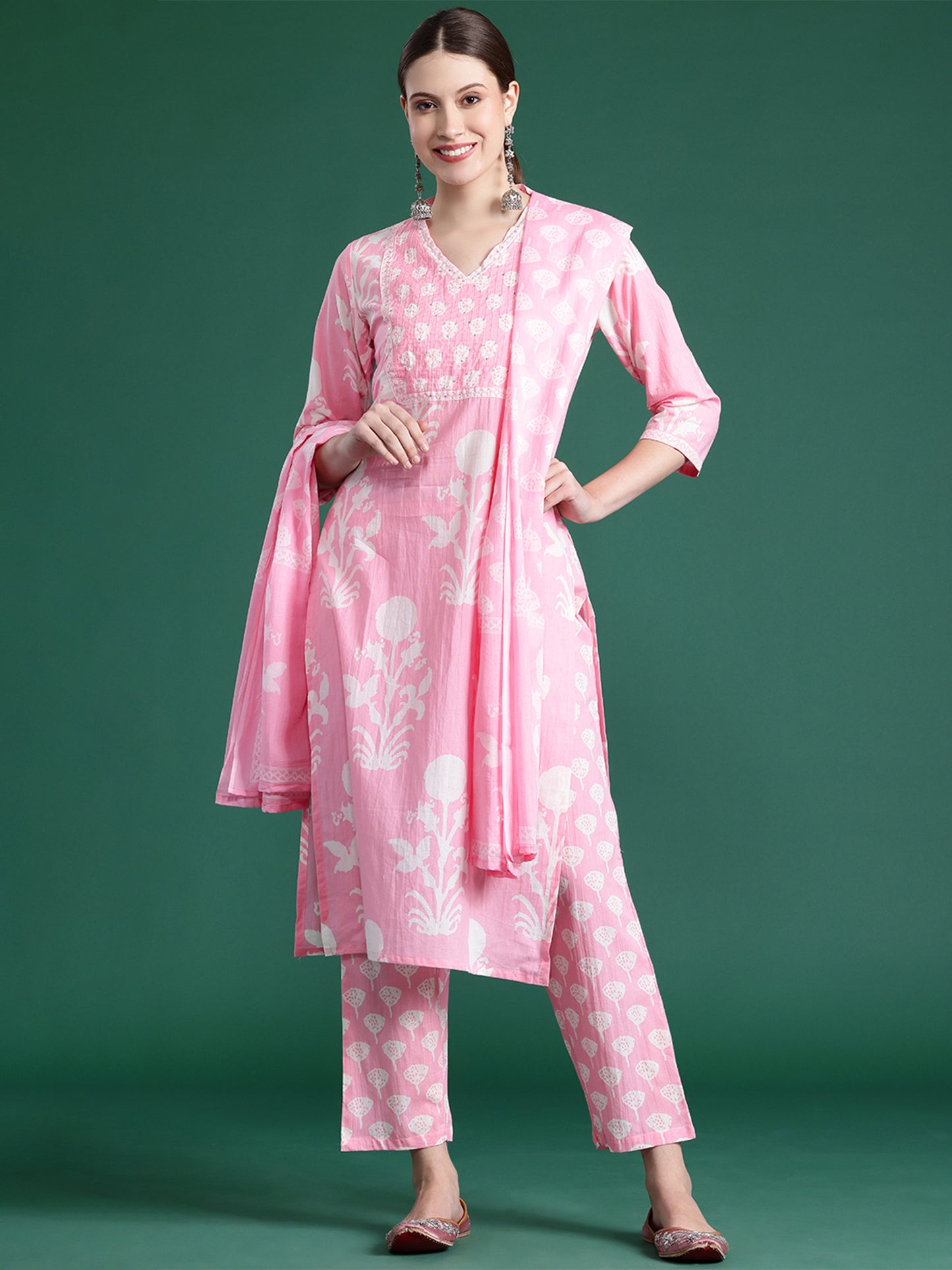 IE Pink Printed Straight Kurta Trousers With Dupatta set