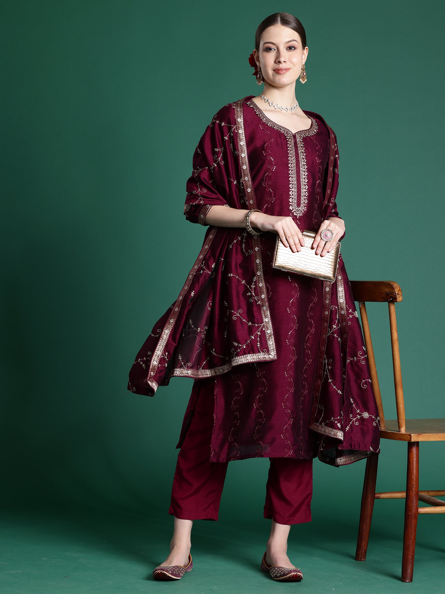 IE Burgundy Embroidered Straight Kurta Trousers With Dupatta set