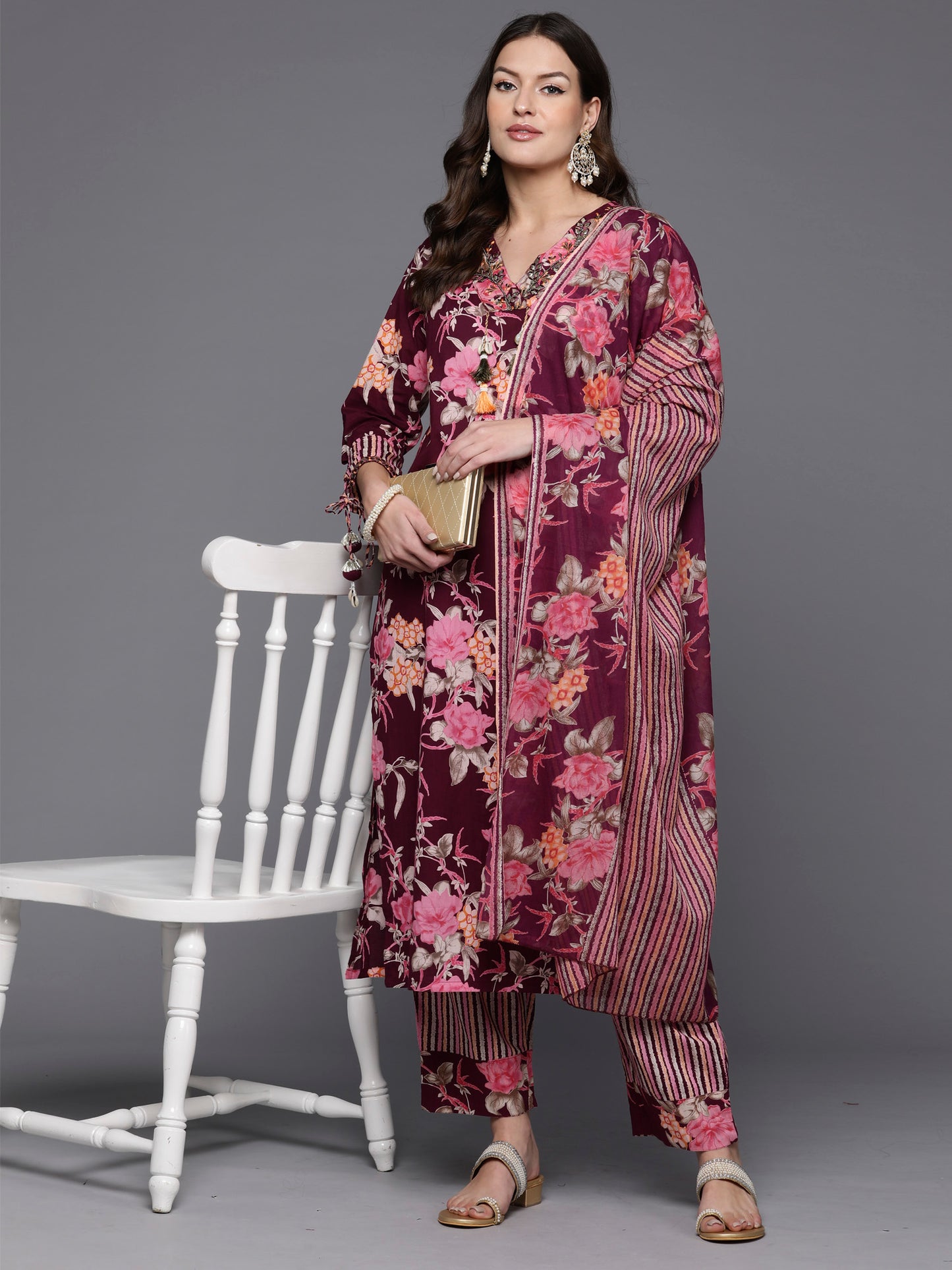 IE Burgundy Printed Straight Kurta Trousers With Dupatta Set