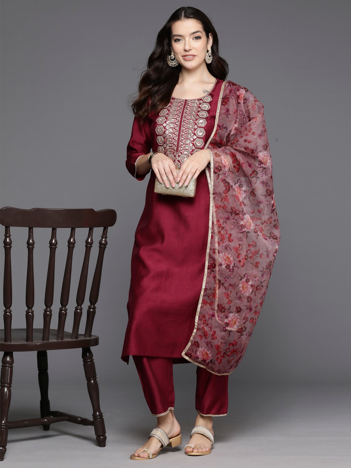 IE Burgundy Embroidered Straight Kurta Trousers With Dupatta Set