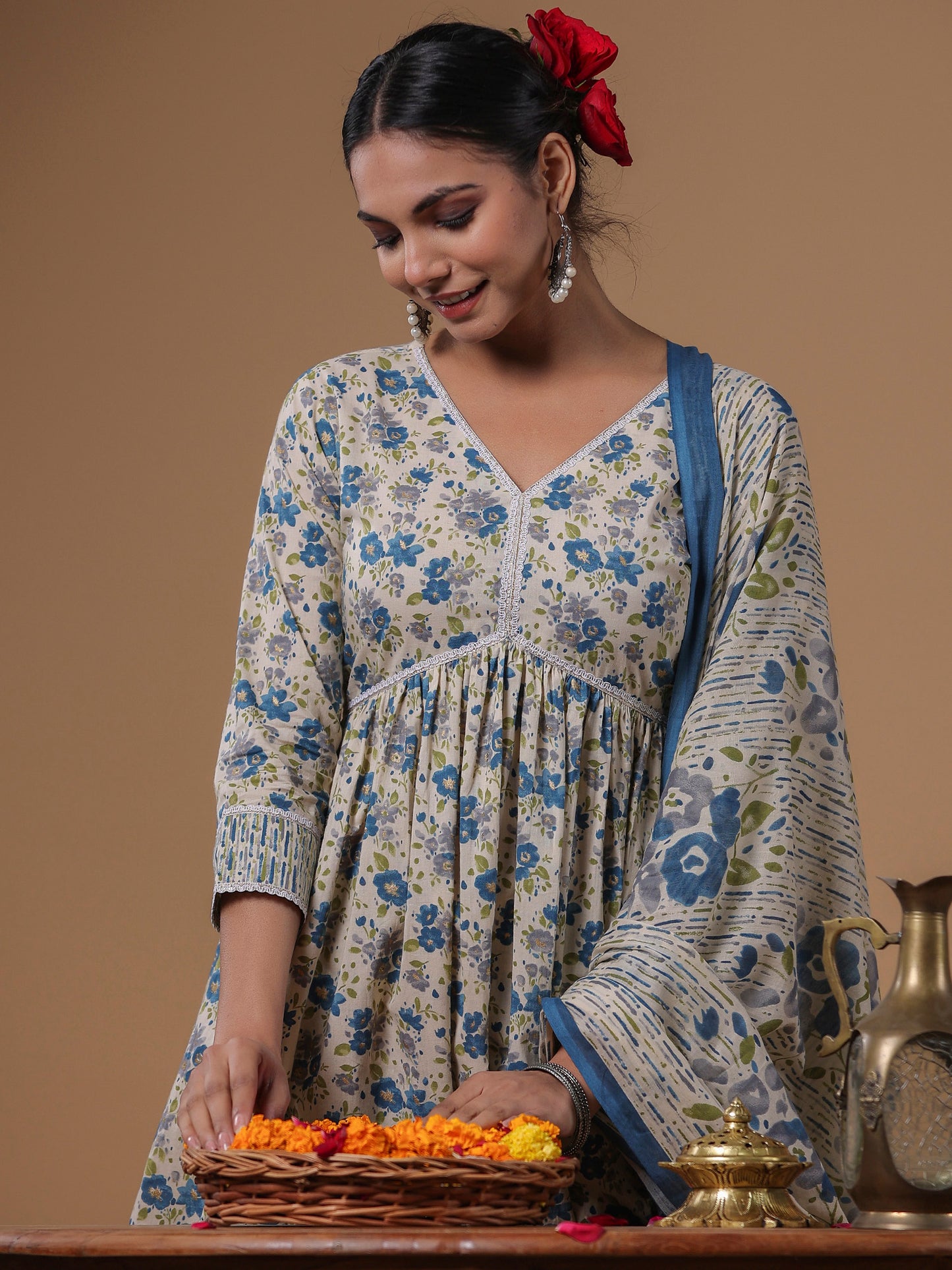 IE Beige Printed A-Line Kurta Sharara With Dupatta set