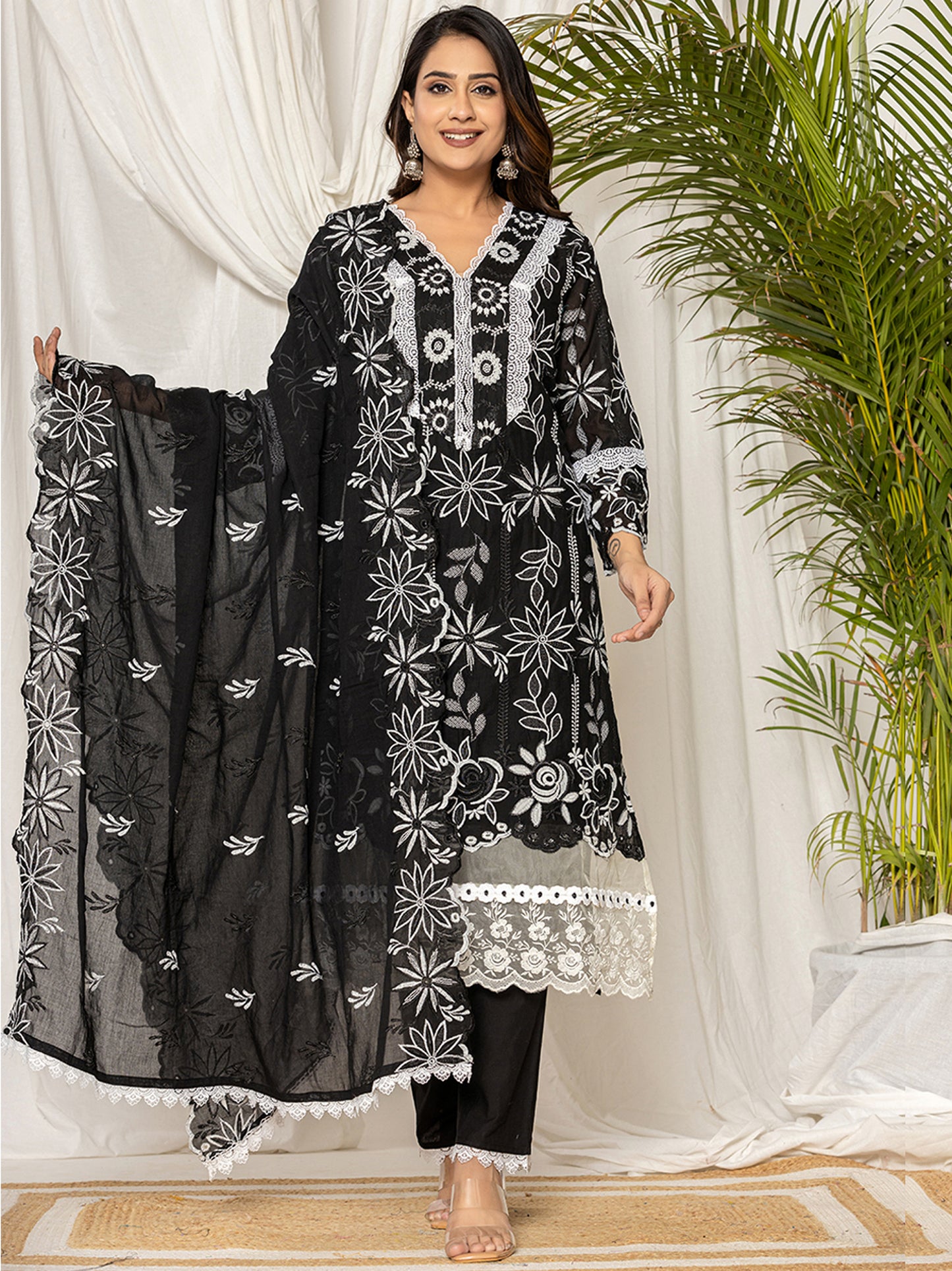 IE Black Embroidered Straight Kurta Trousers With Dupatta set