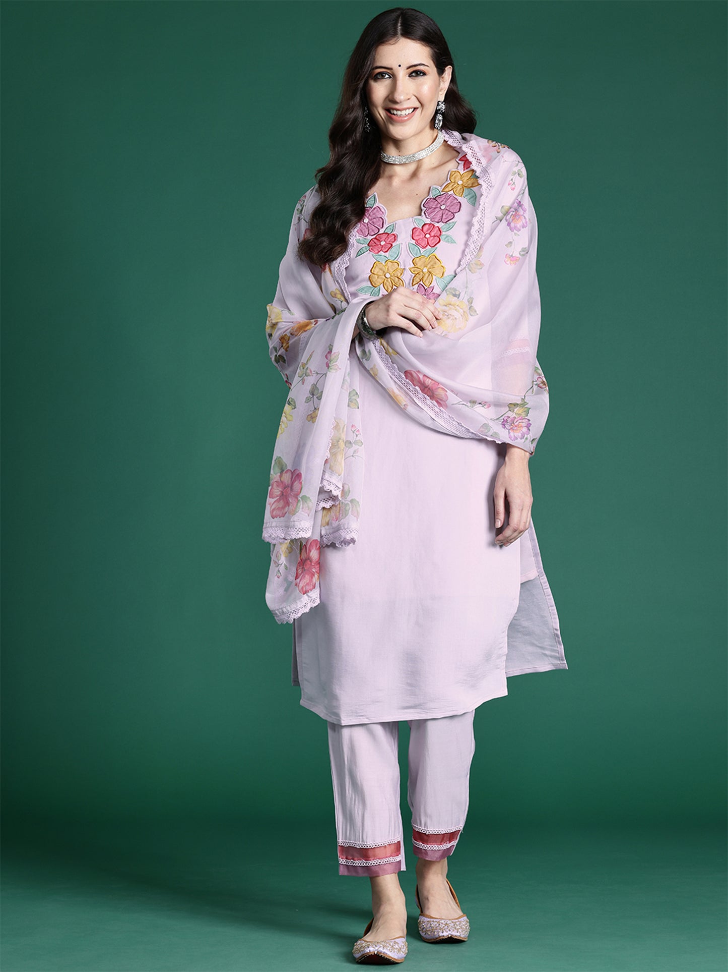 IE Lavender Embroidered Straight Kurta Trousers With Dupatta set