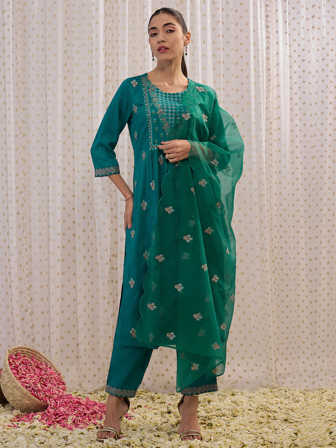 IE Teal Embroidered A-Line Kurta Trousers With Dupatta set