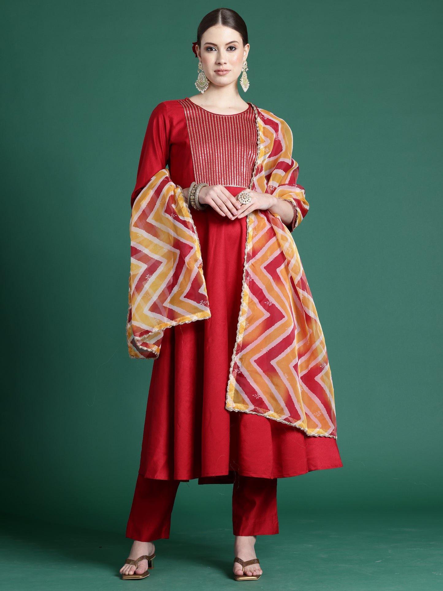 IE Red Embroidered A-Line Kurta Trousers With Dupatta set