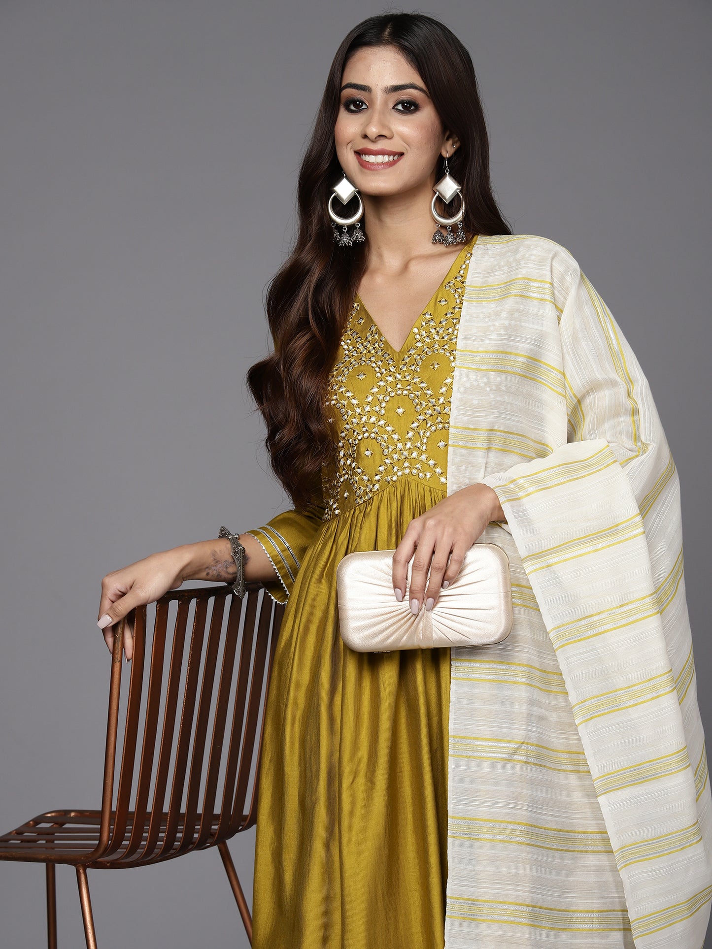 IE Olive Embroidered A-Line Kurta Trousers With Dupatta Set