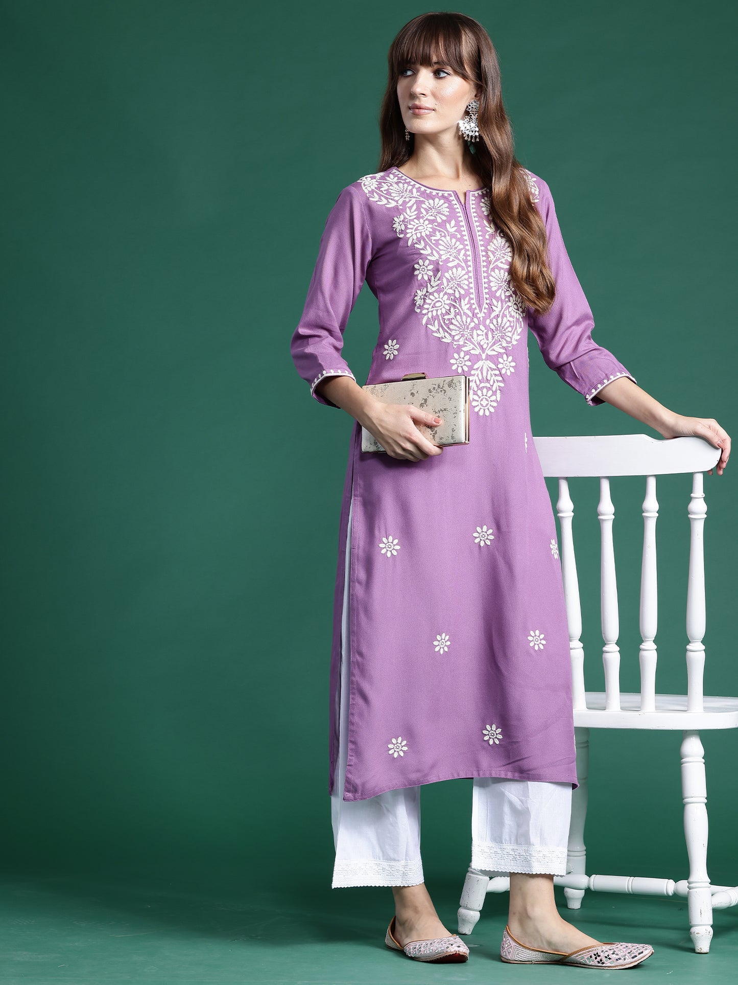 IE Lavender Embroidered Straight Kurtas