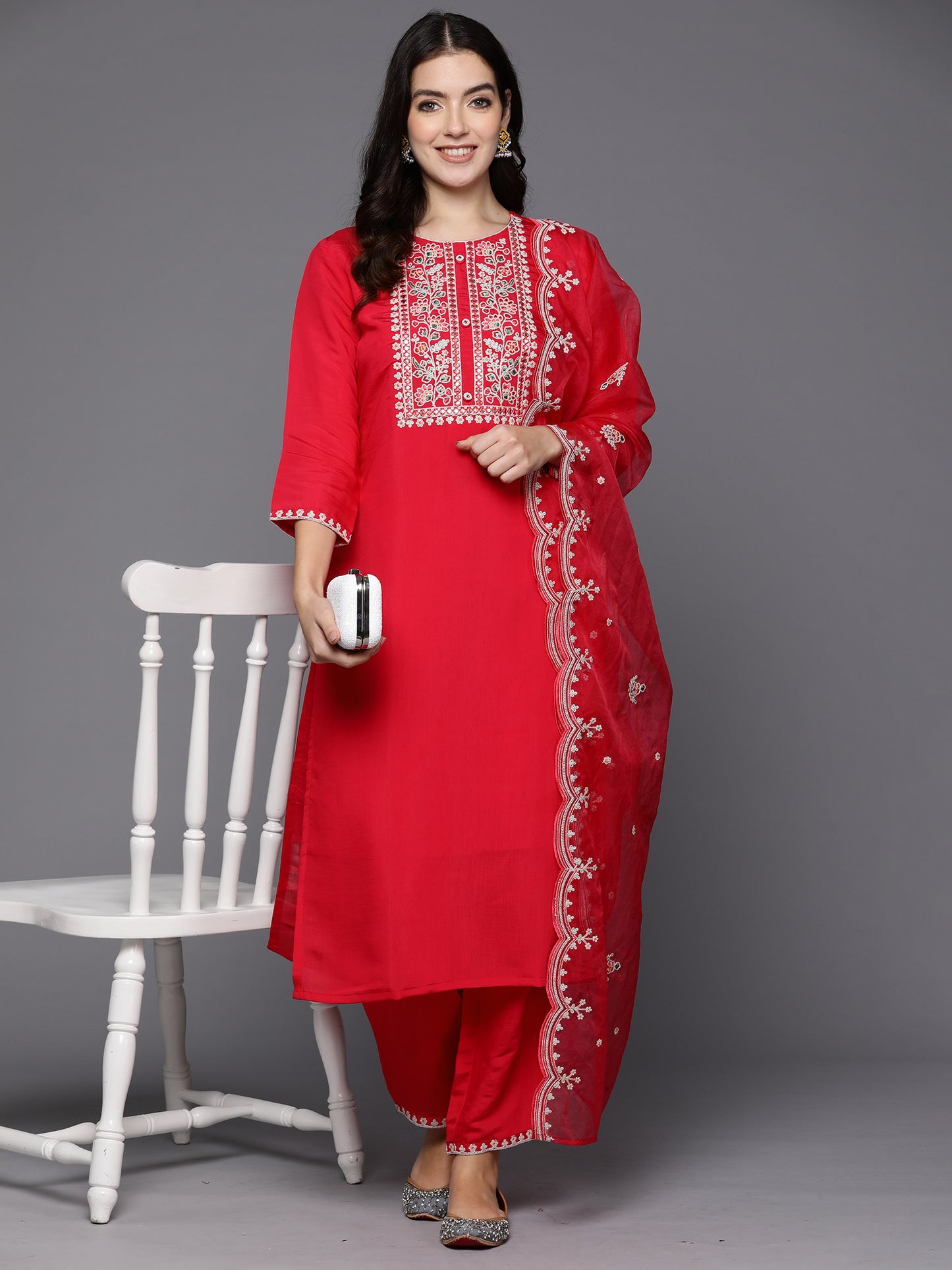 IE Magenta Embroidered Straight Kurta Trousers With Dupatta set